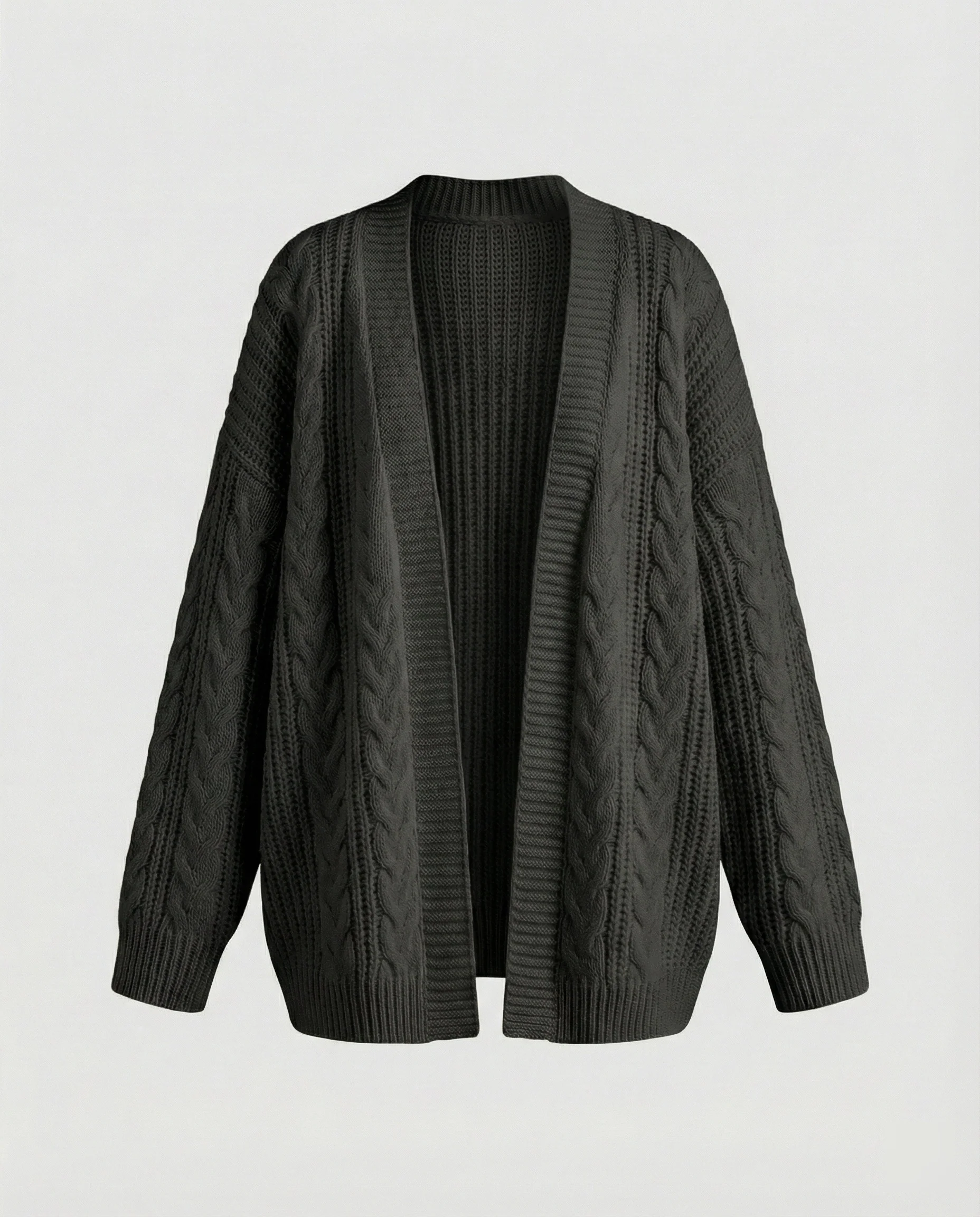 Langer offener Zopfmuster-Mantelcardigan mit voluminösen Glockenärmeln und geripptem Saum Heidi-Mode - Image 6