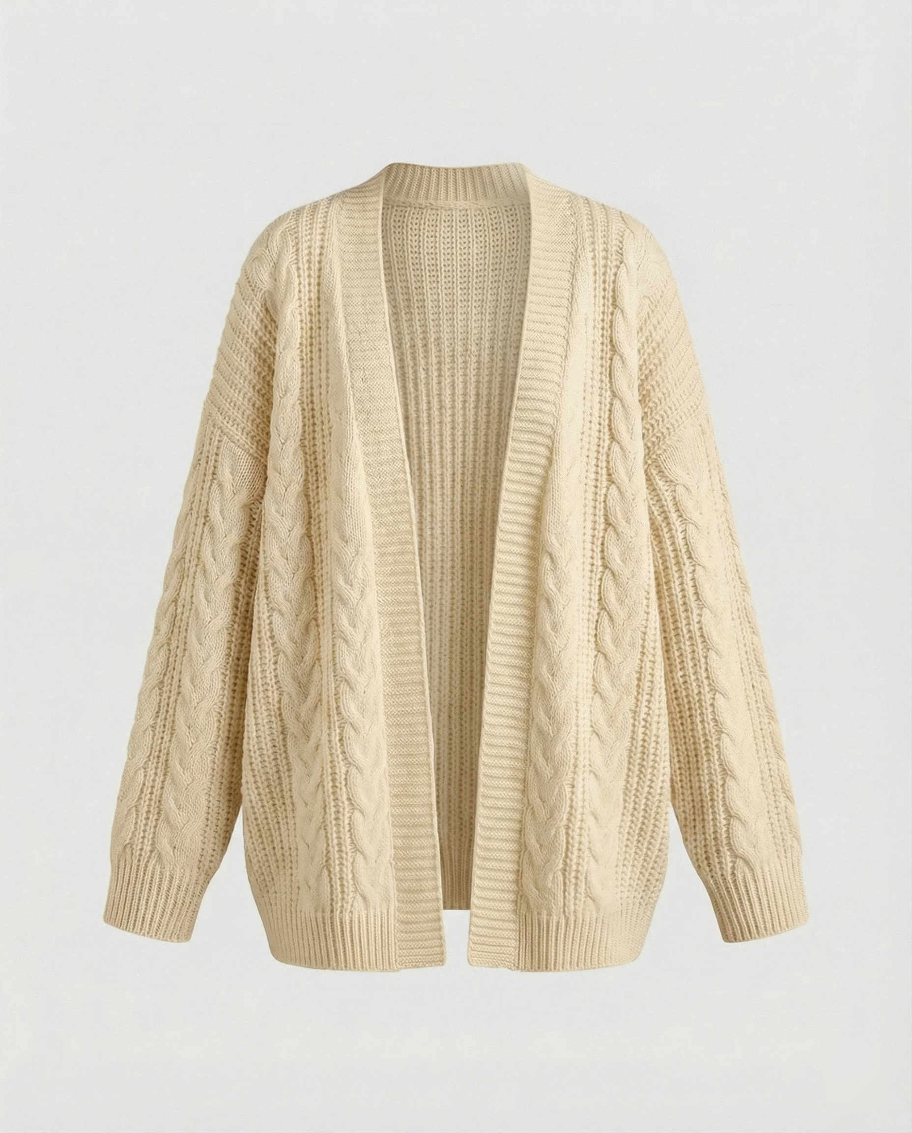 Langer offener Zopfmuster-Mantelcardigan mit voluminösen Glockenärmeln und geripptem Saum Heidi-Mode - Image 8