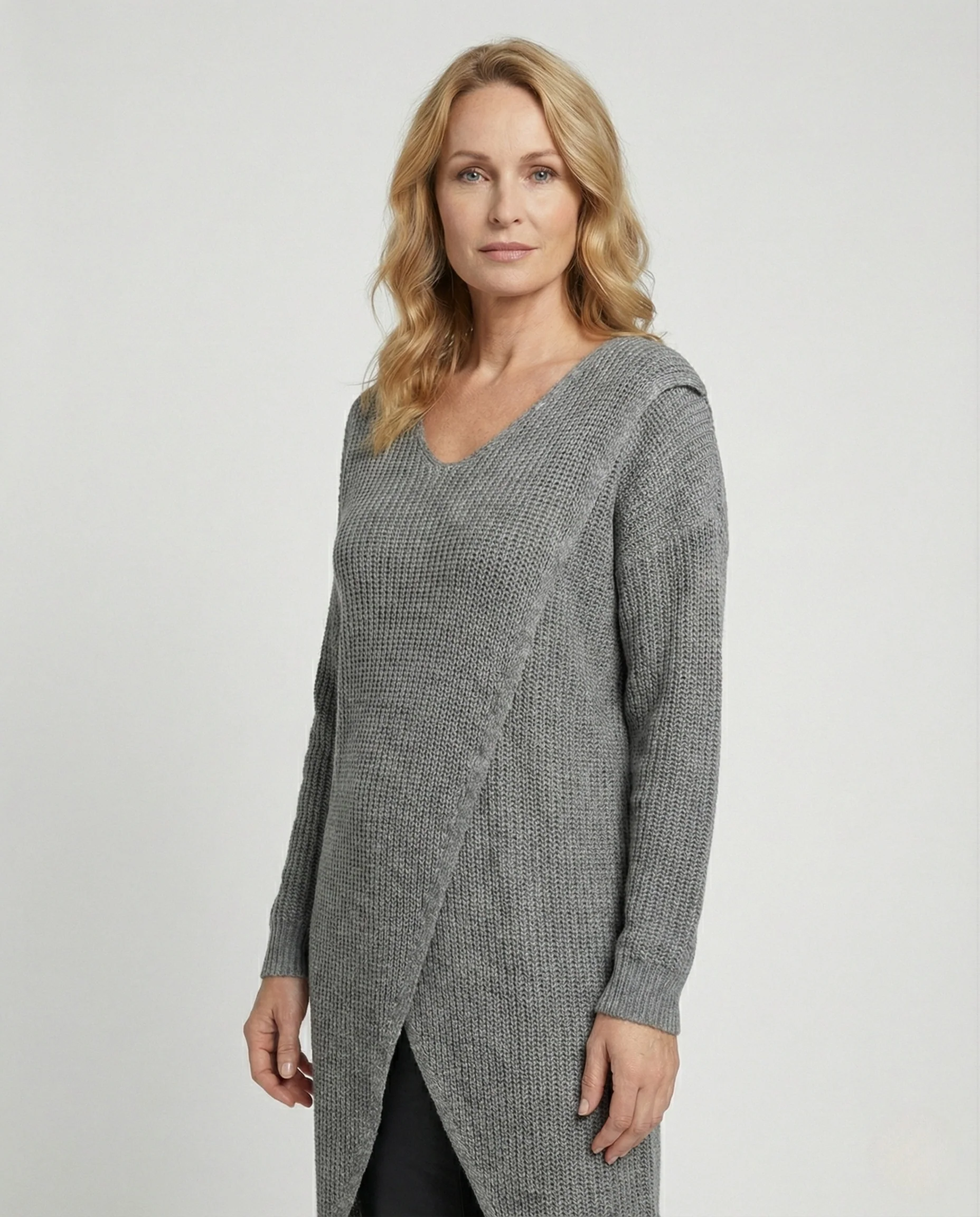 Damen Langer Strickpullover mit Wickelfront