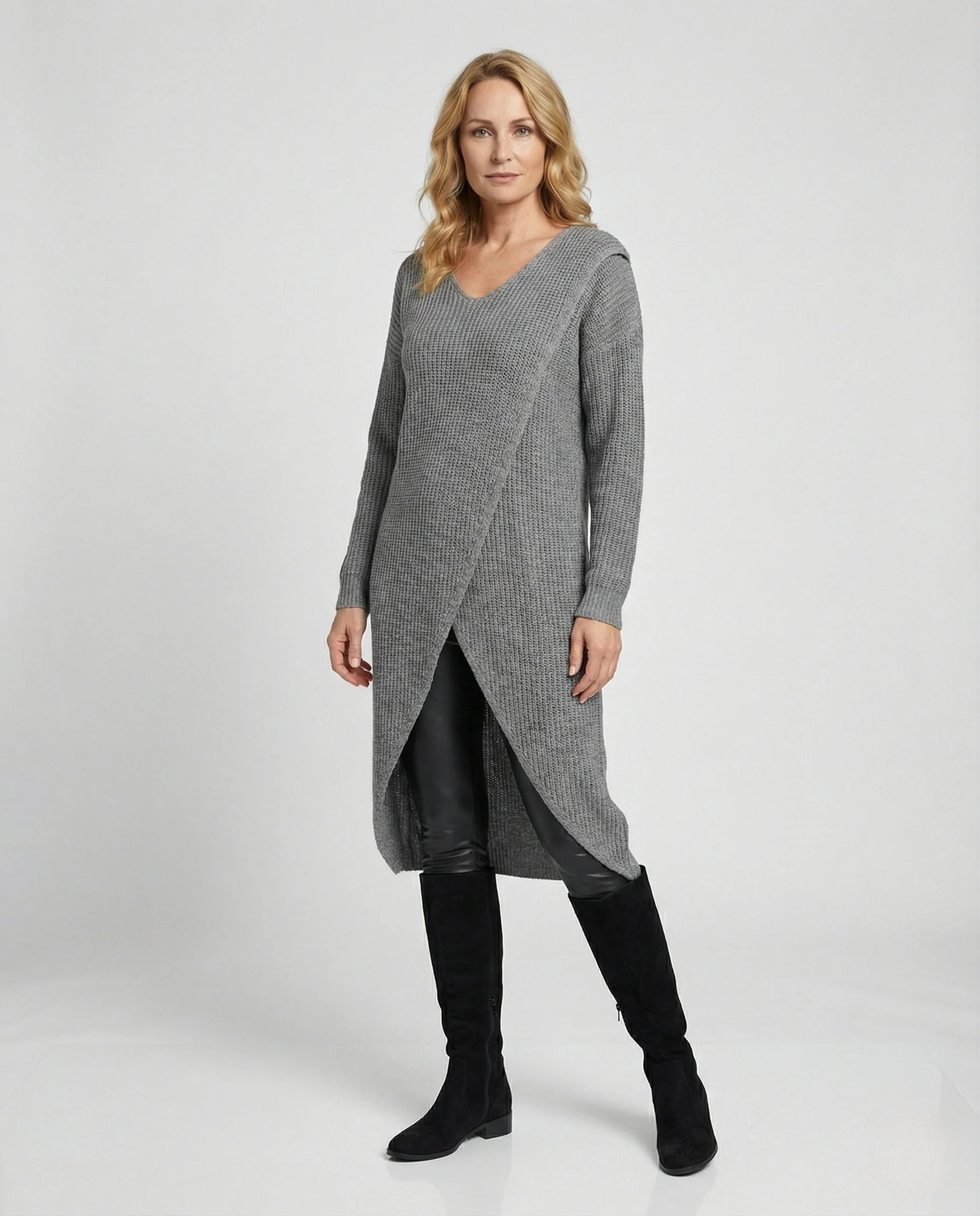 Damen Langer Strickpullover mit Wickelfront - Image 2