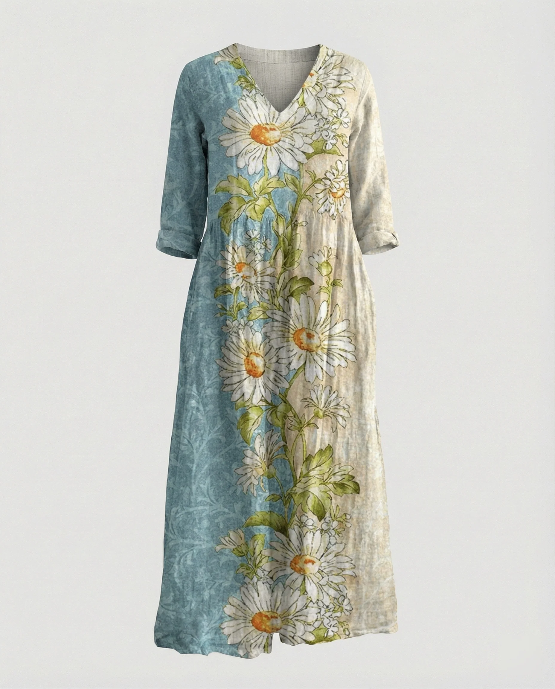 Damen Maxikleid Sommer Leinenoptik V-Ausschnitt - Image 16