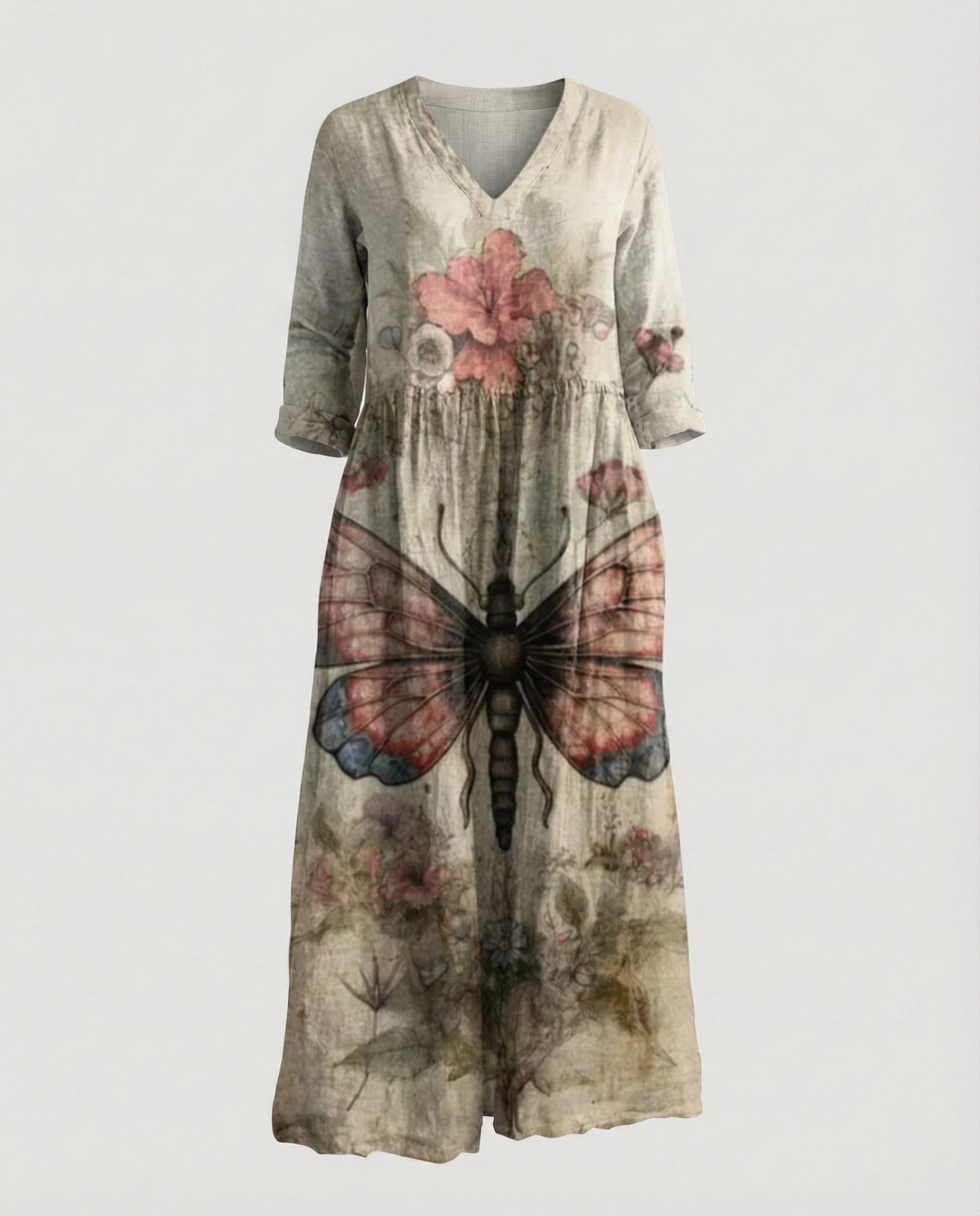 Damen Maxikleid Sommer Leinenoptik V-Ausschnitt - Image 17