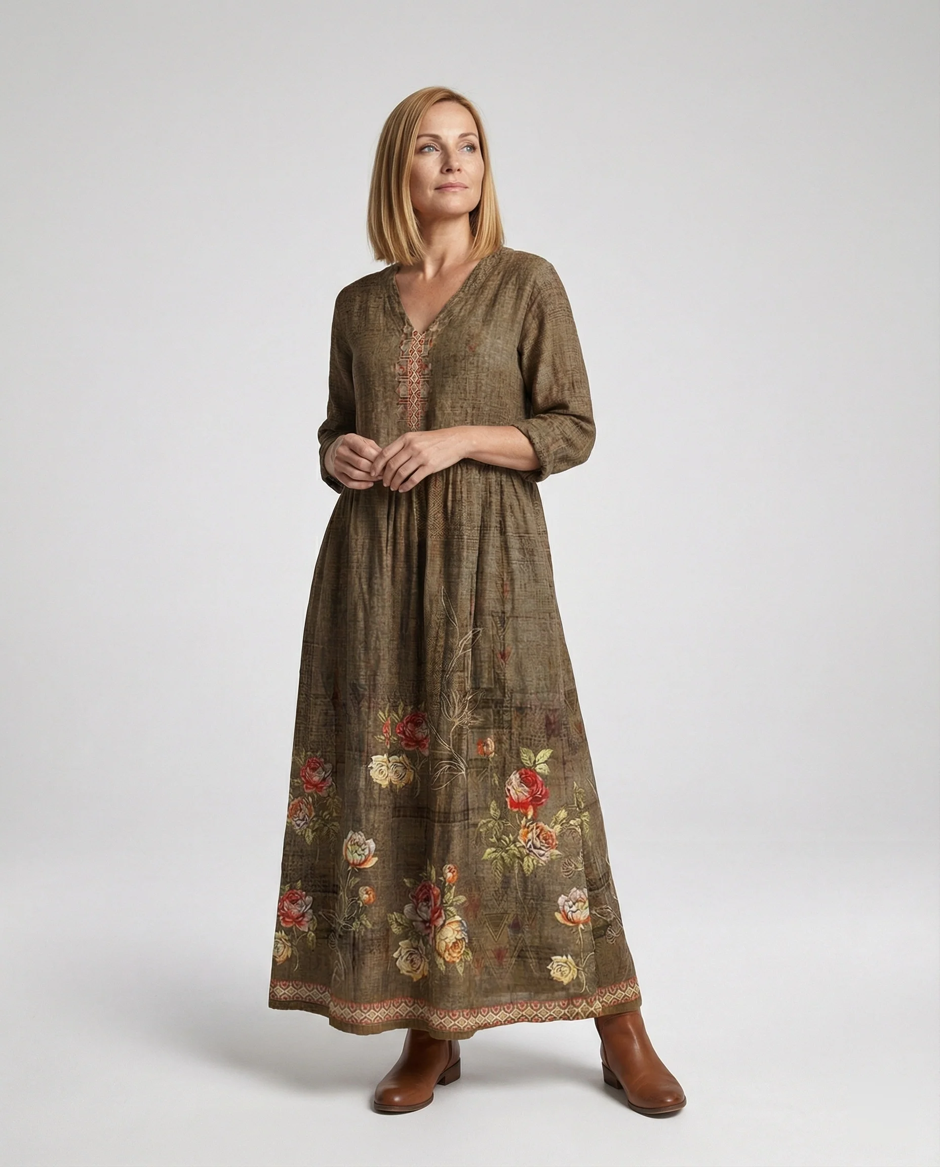 Damen Maxikleid Sommer Leinenoptik V-Ausschnitt - Image 30