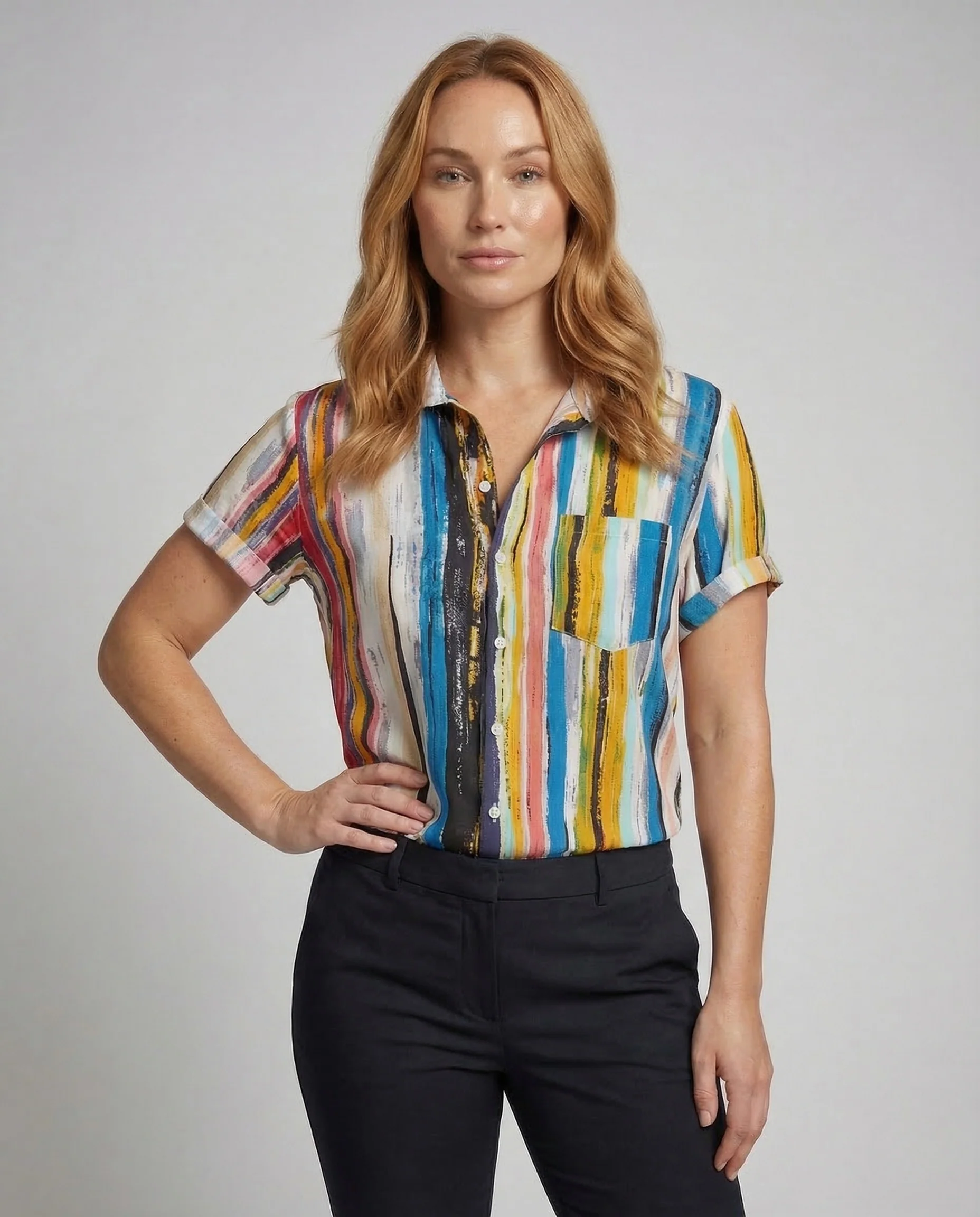 Damen Viskosebluse Muster Brusttasche - Image 2