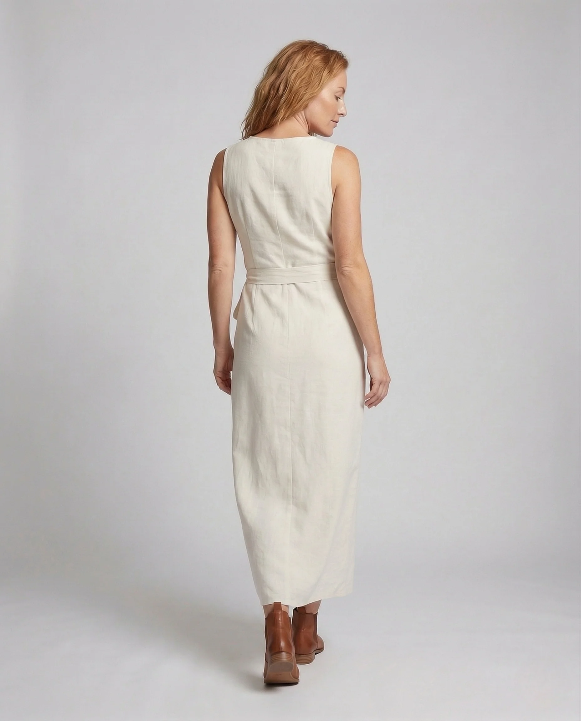 Damen Leinenoptik Maxikleid mit Taillenschleife - Image 4