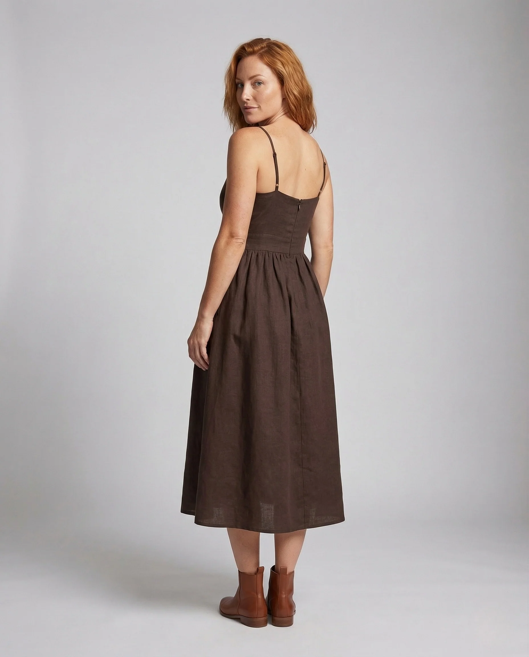 Damen Leinenoptik Midikleid mit Tellerrock - Image 4