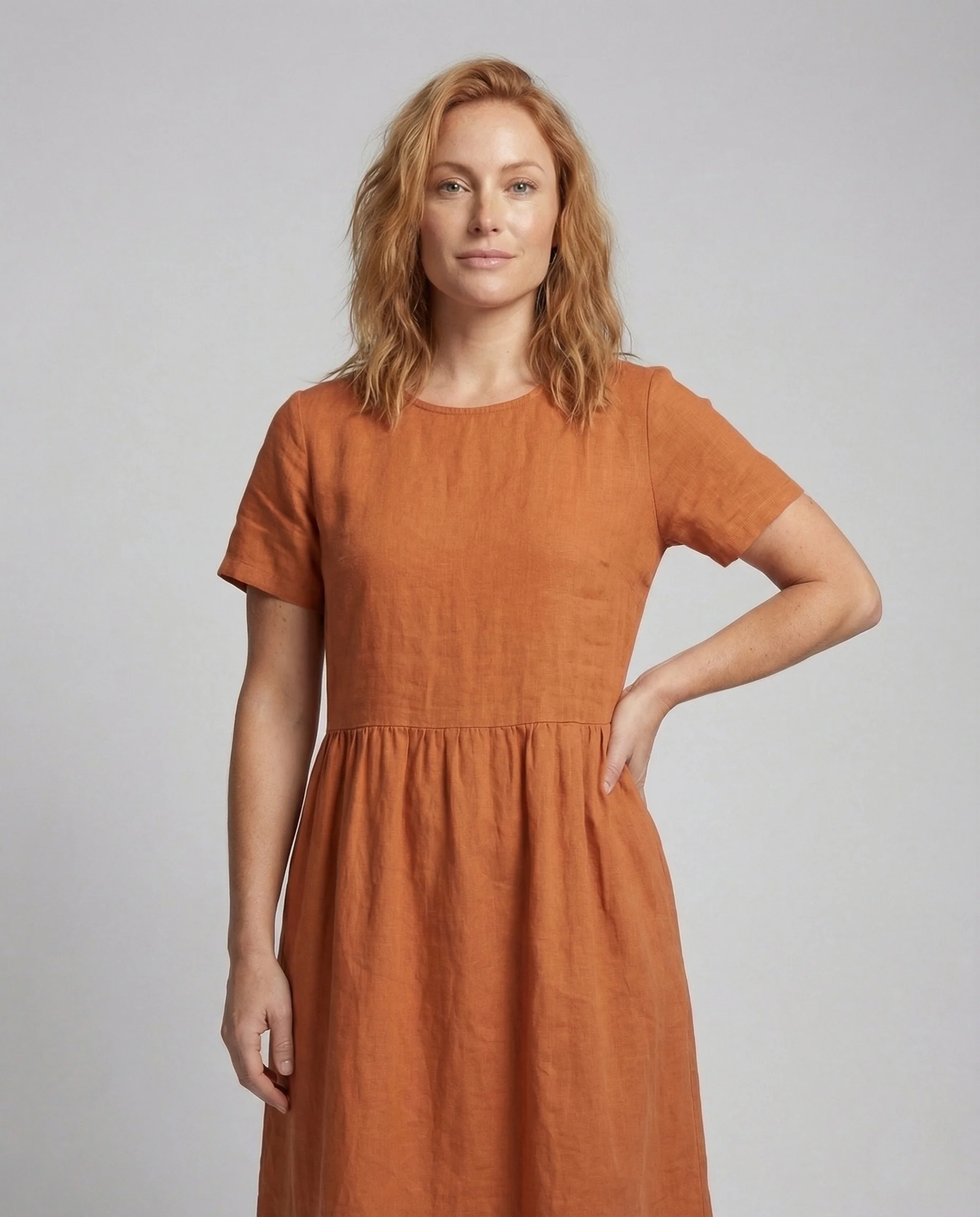 Damen Leinen Baumwoll Midikleid mit Taschen - Image 2