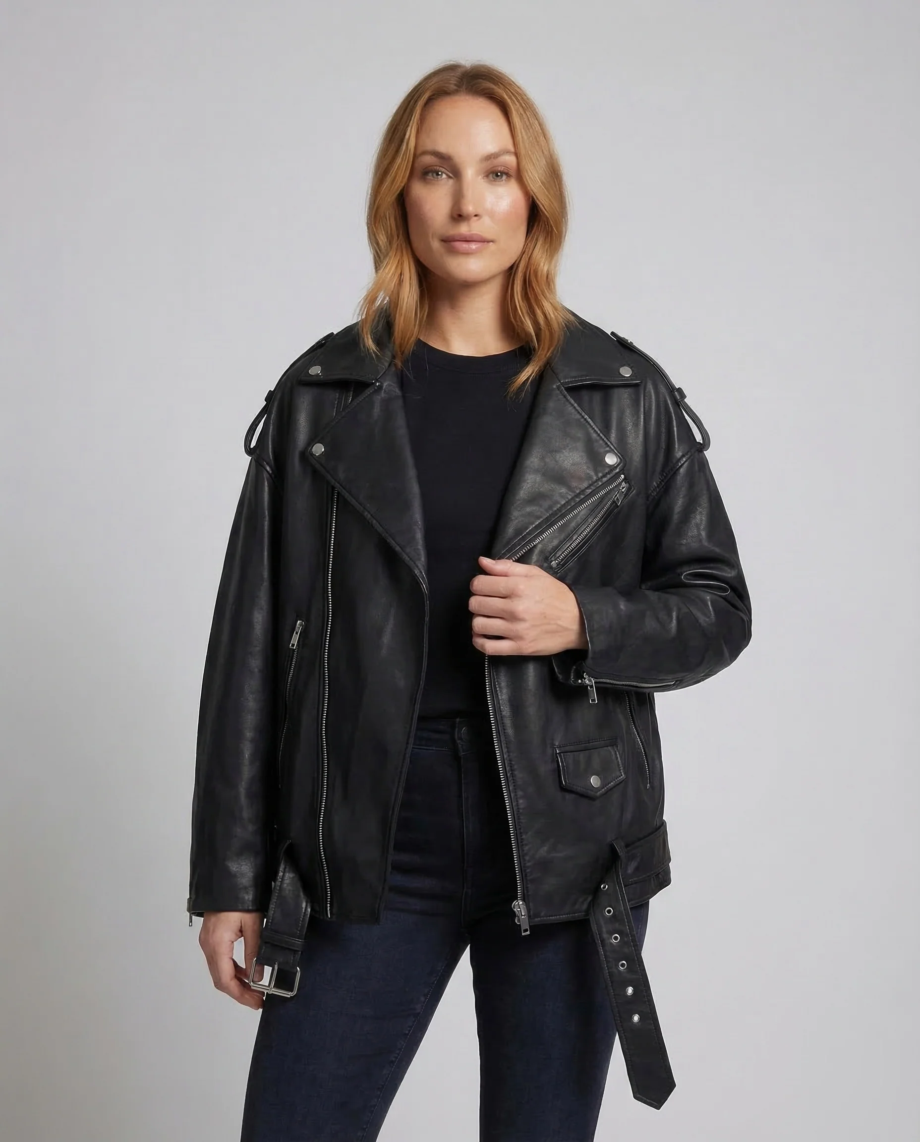 Damen Kunstleder Bikerjacke Oversize - Image 2