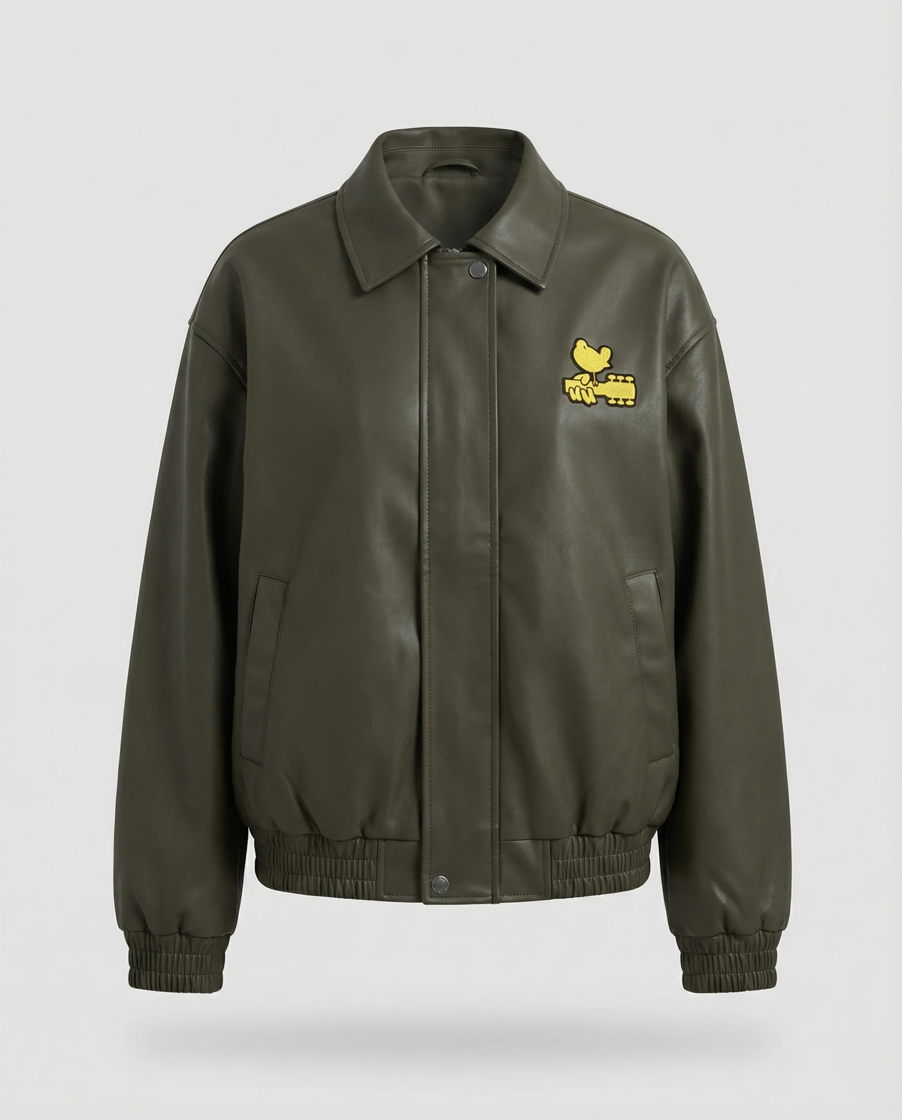 Lockere Kunstlederjacke im Bomberstil mit gesticktem Rückenmotiv, Druckknopfverschluss und elastischem Saum Heidi-Mode - Image 5