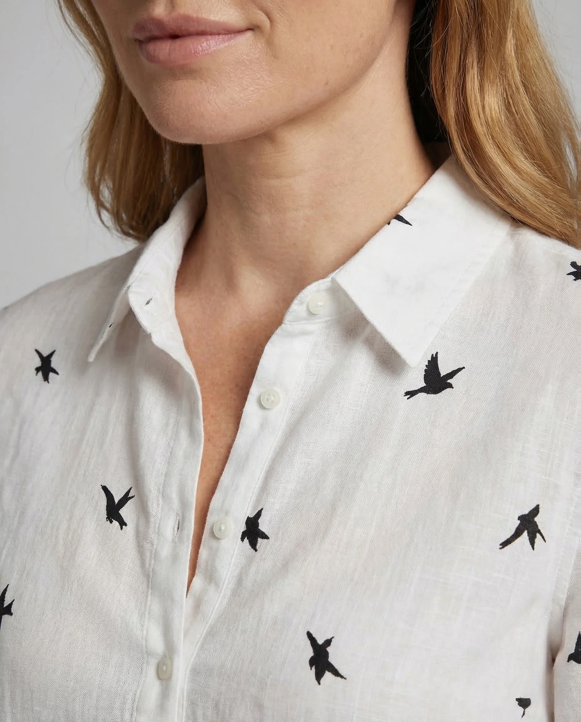 Damen Leinenbluse Vogelprint Hemdkragen - Image 3