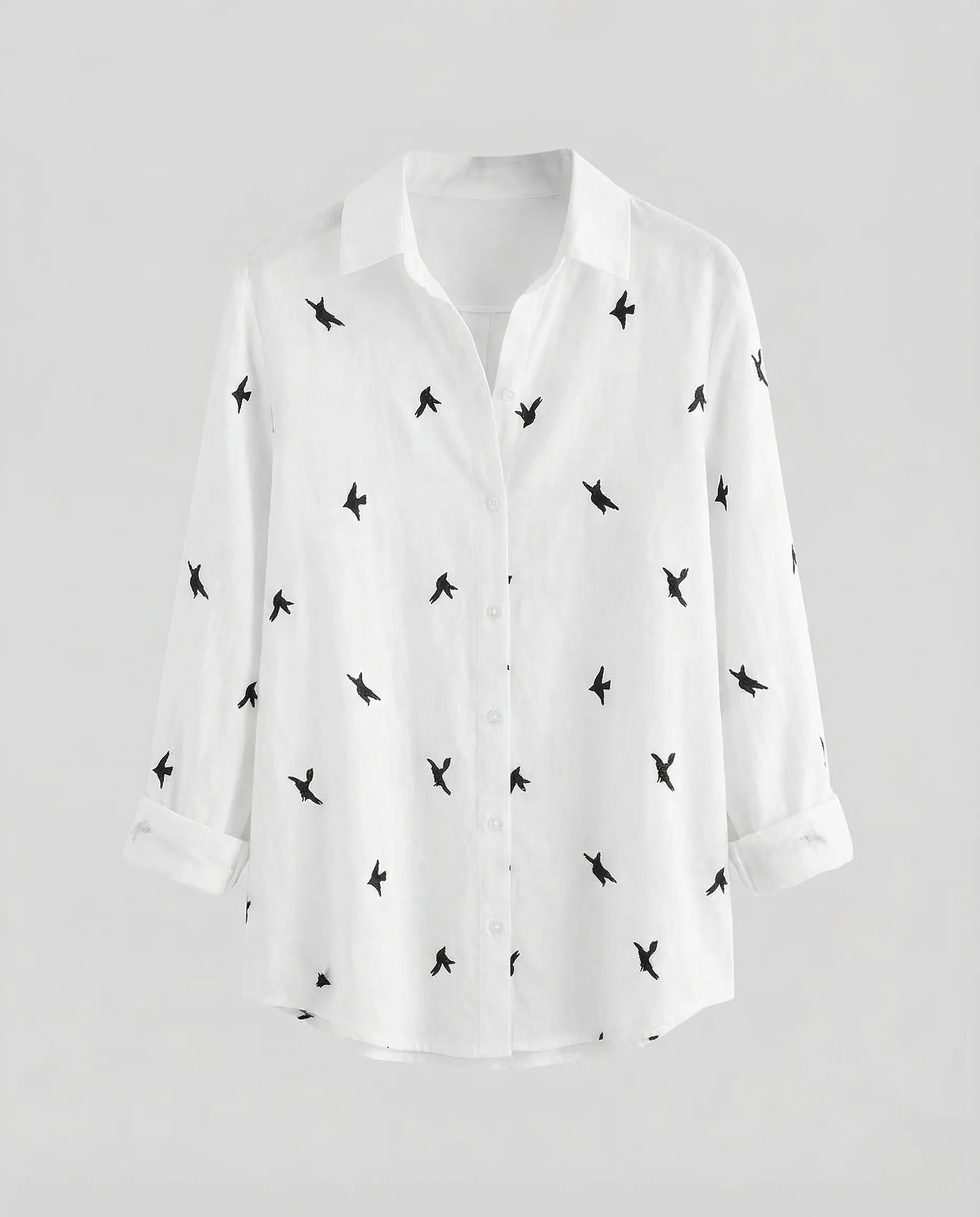 Damen Leinenbluse Vogelprint Hemdkragen - Image 5