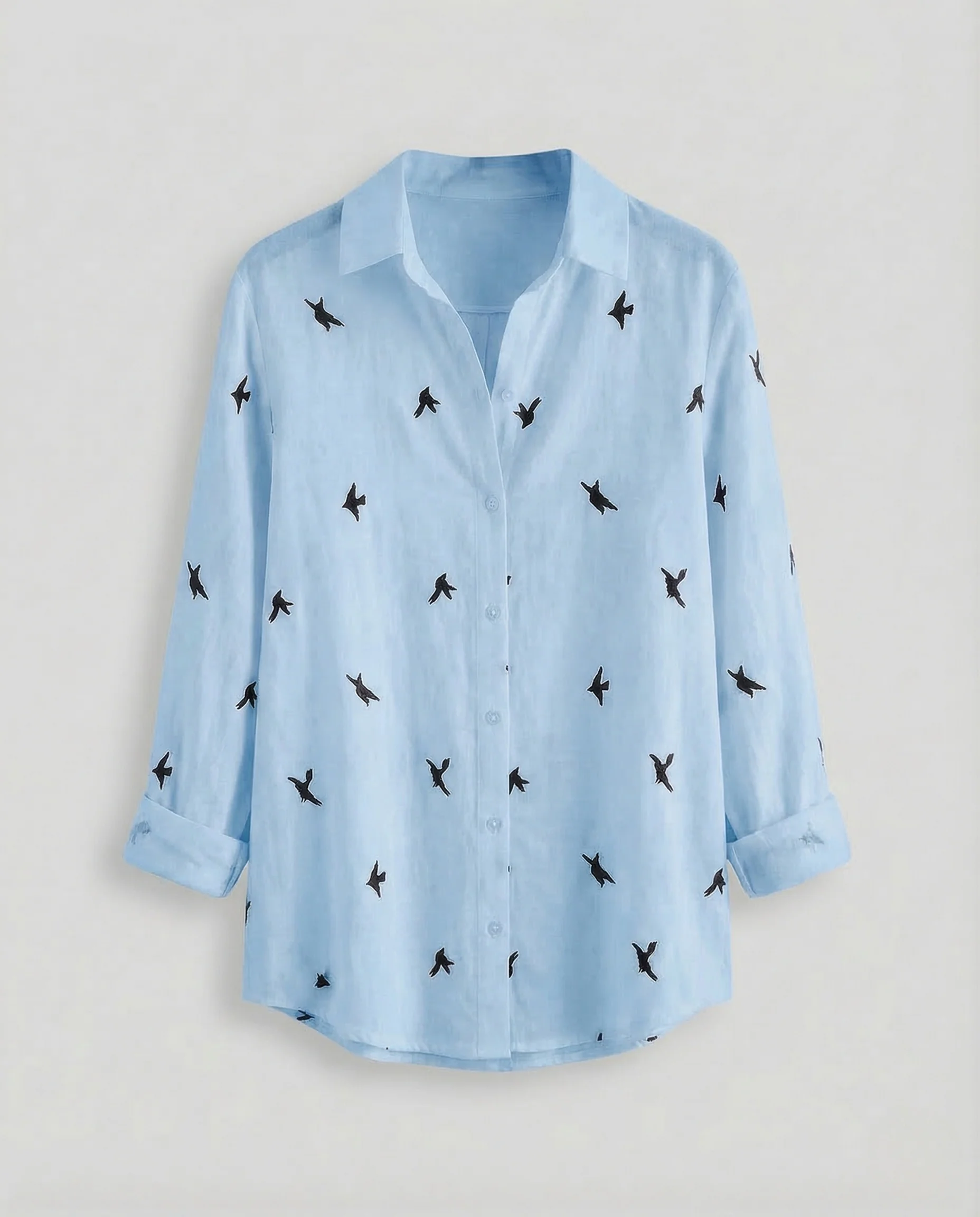 Damen Leinenbluse Vogelprint Hemdkragen - Image 8