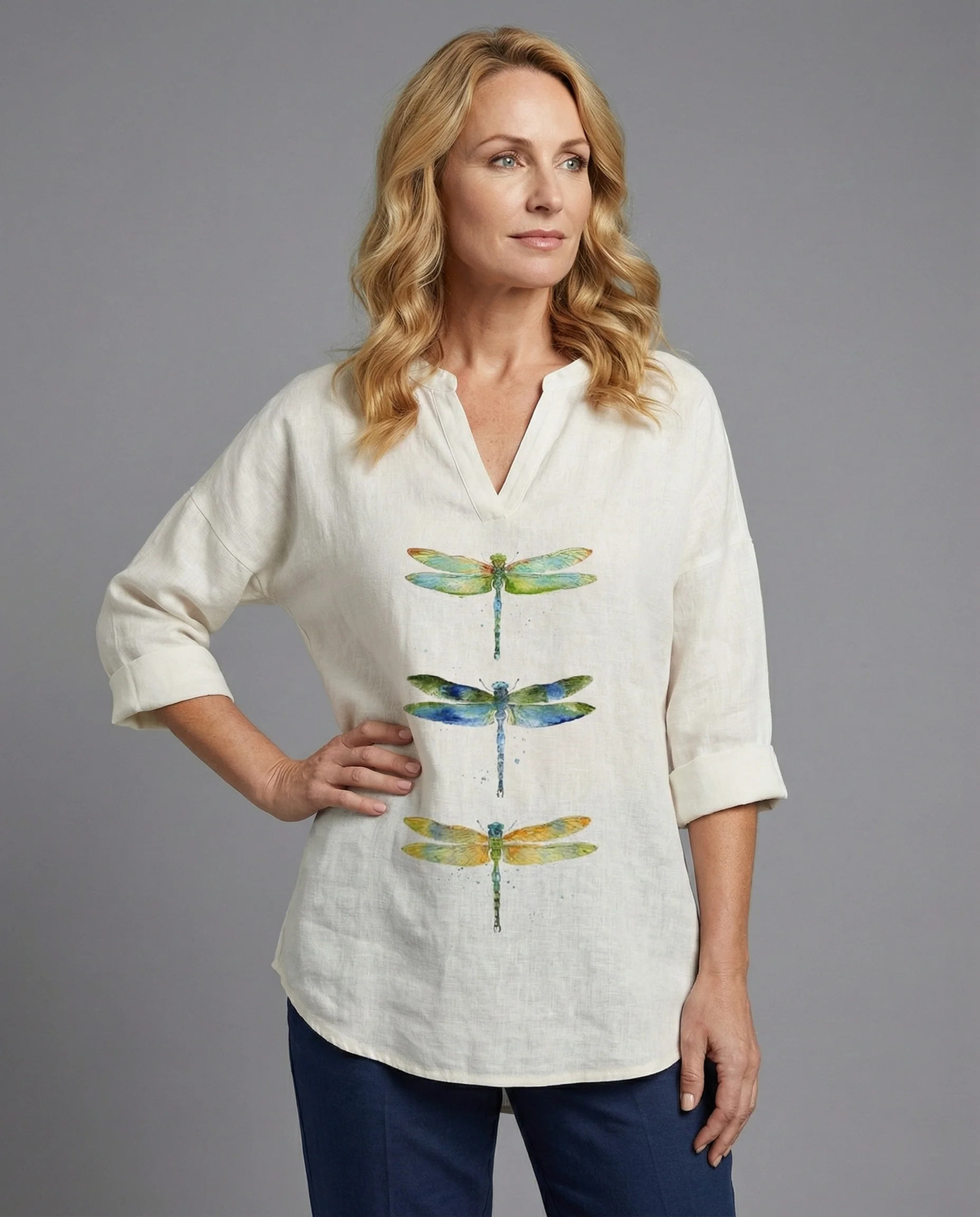 Damen Leinen-Tunika-Bluse mit Blumenprint - Image 2