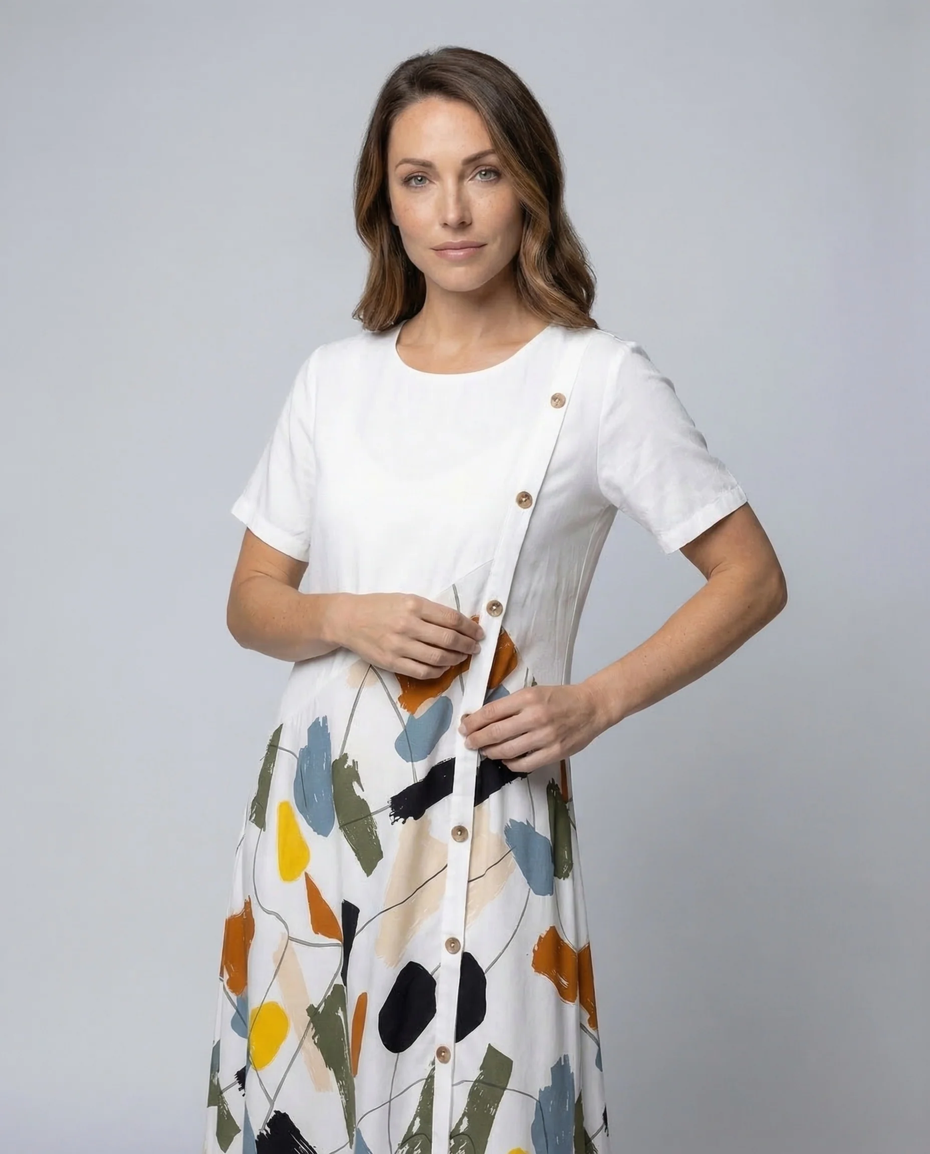 Damen Leinen Midi Kleid Print - Image 2