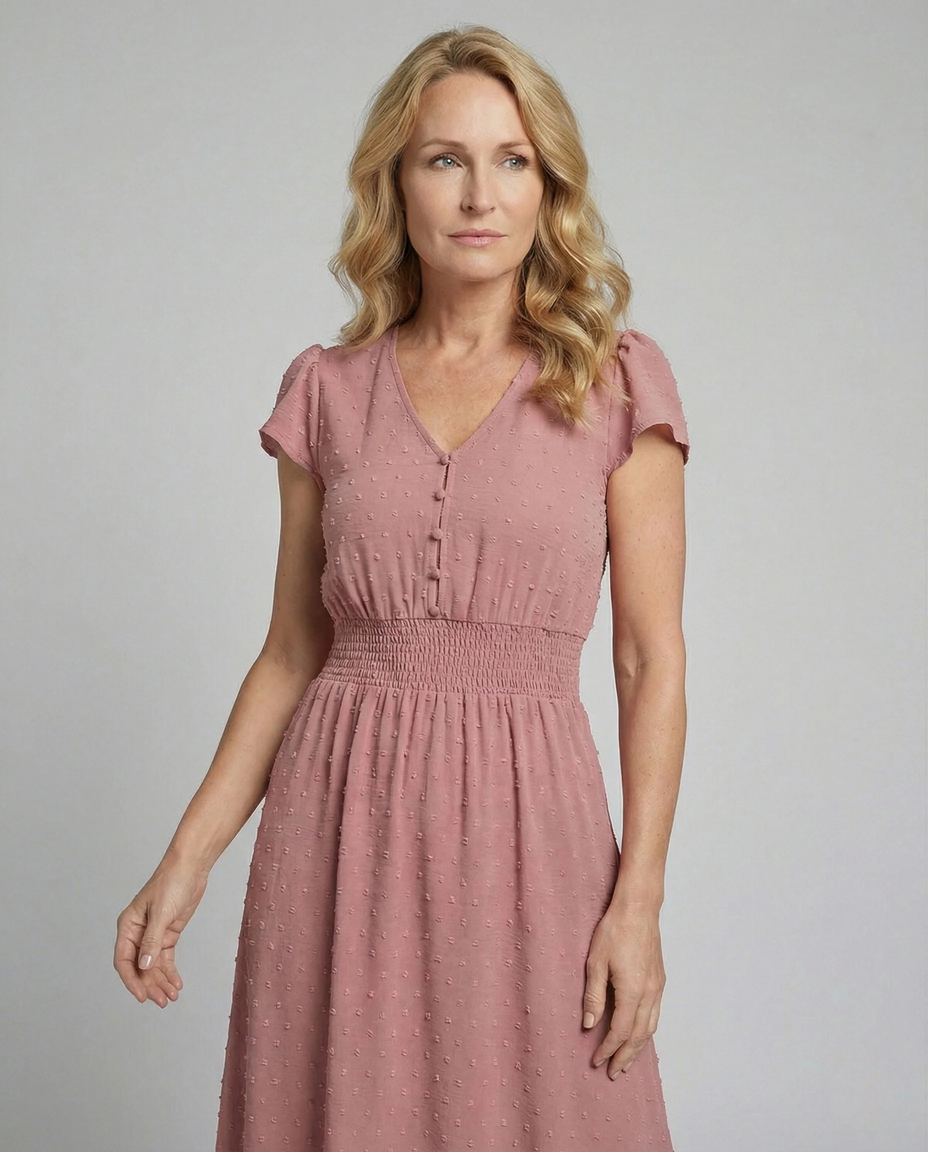 Damen Maxikleid mit Smockbund und Zierknöpfen - Image 3