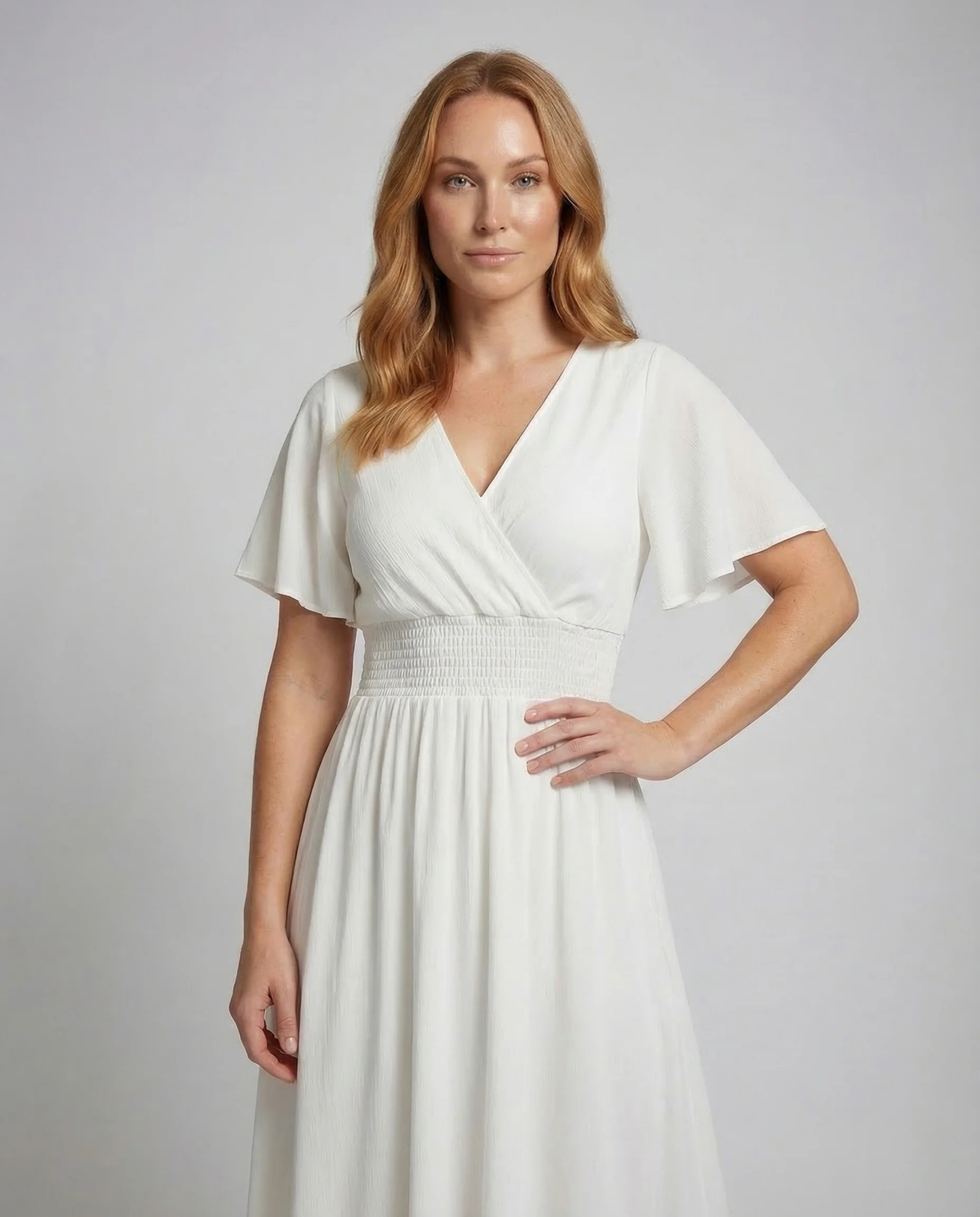 Damen Maxikleid Wickeloptik Smokbund Flügelärmel - Image 2