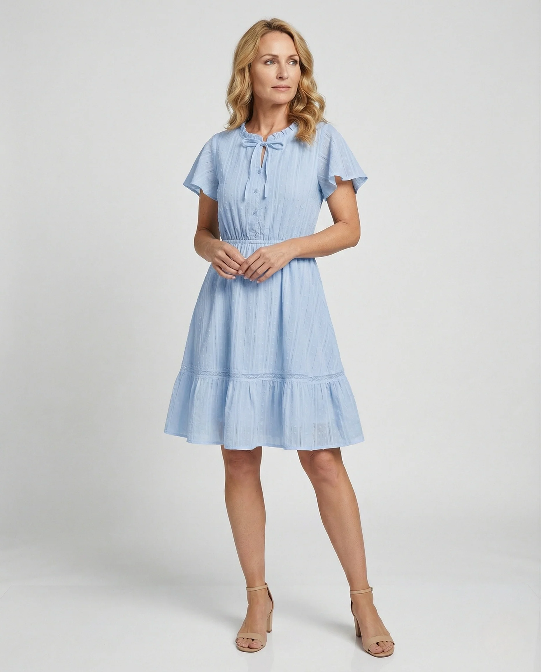 Damen Stufenkleid mit Rüschenkragen und Lochstickerei - Image 2