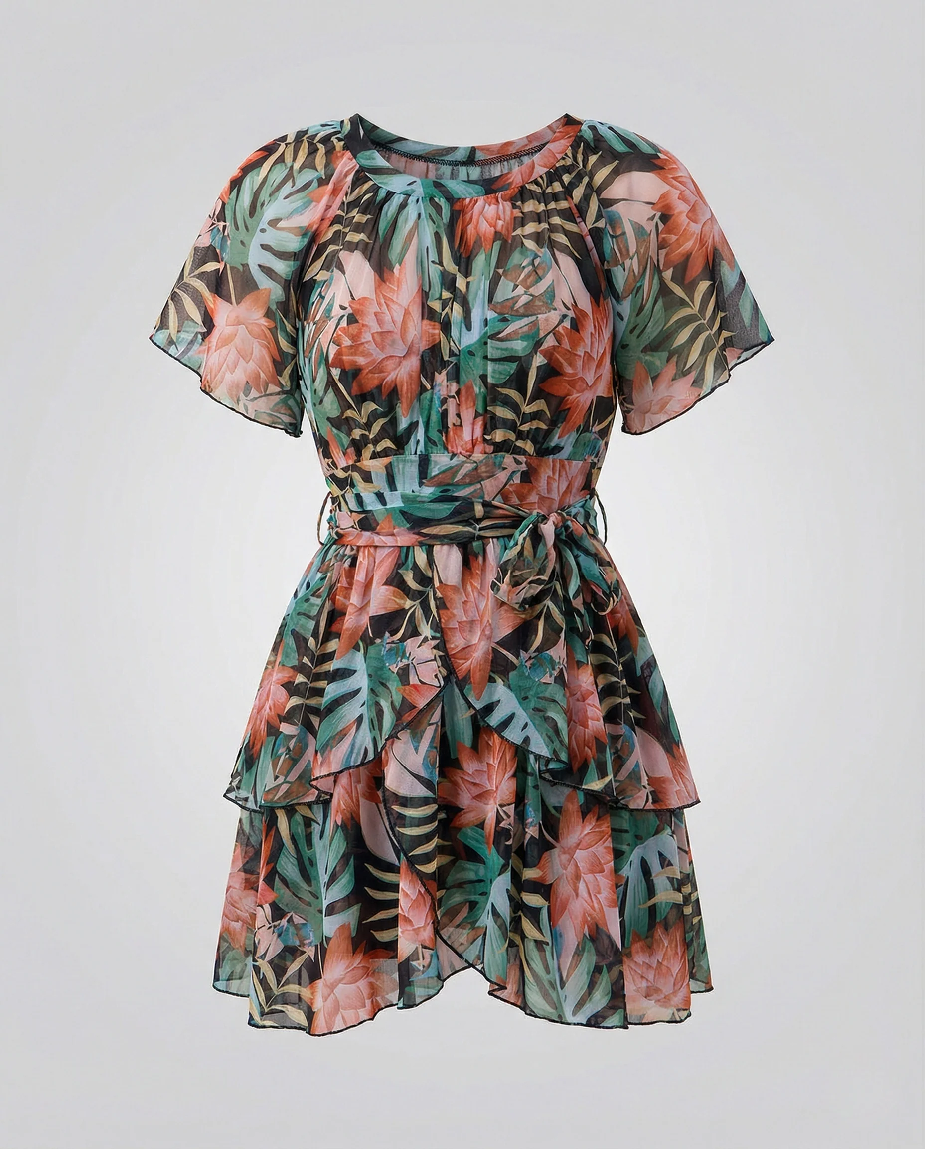 Tropenprint Minikleid Damen Mit Gürtel - Image 5
