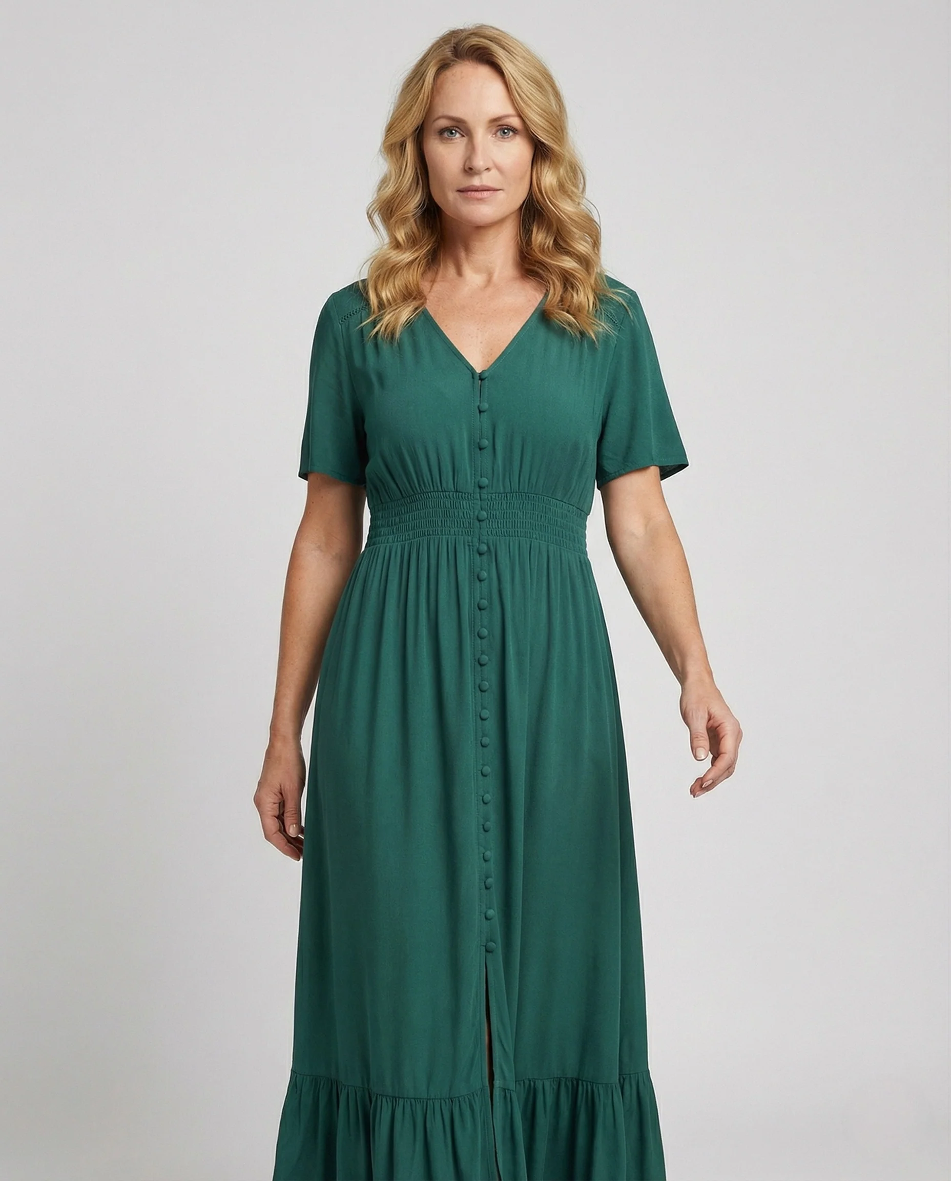 Damen Maxikleid mit Knopfleiste und Stufenvolant - Image 2