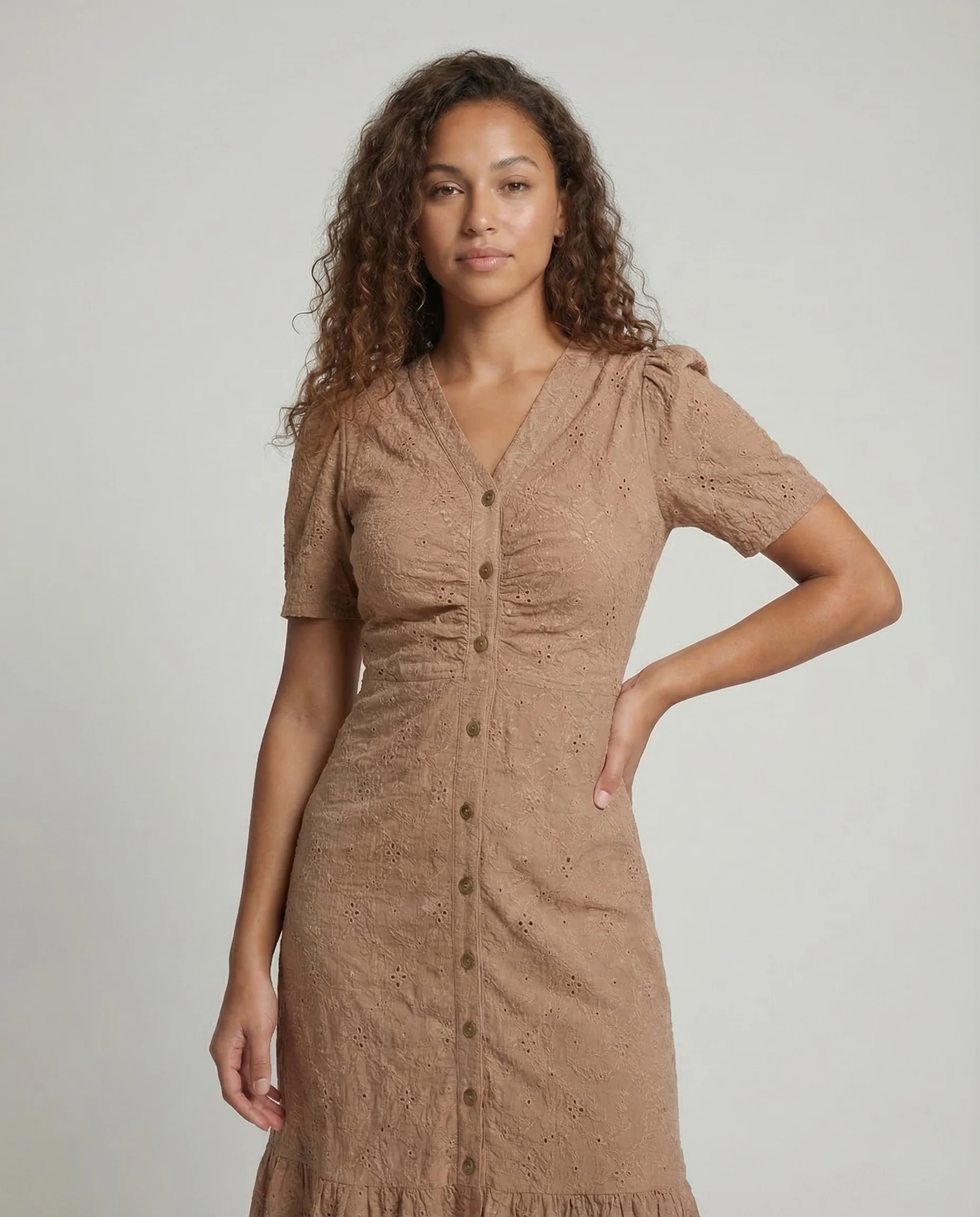 Damen Midikleid Lochstickerei Knopfleiste - Image 2