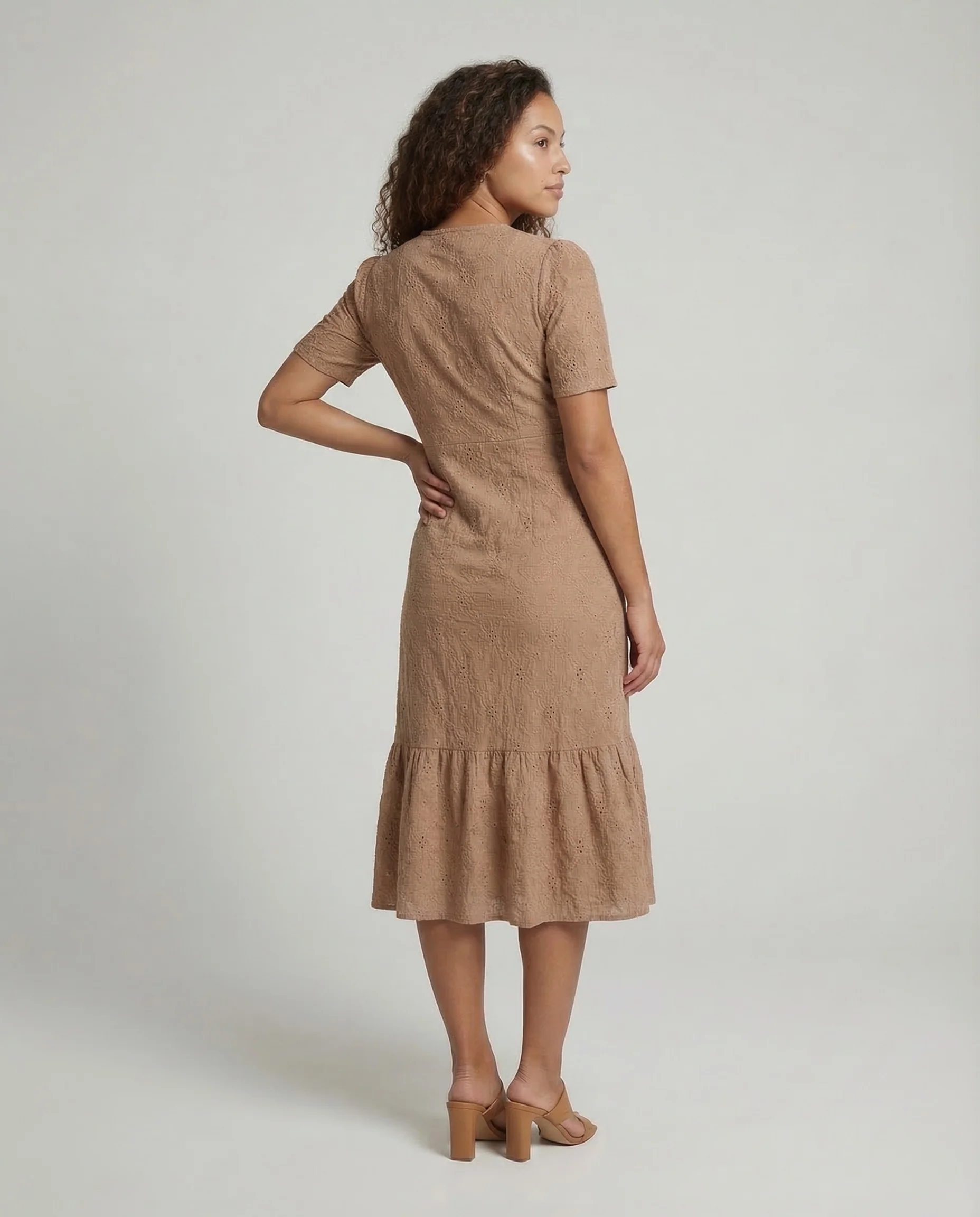 Damen Midikleid Lochstickerei Knopfleiste - Image 4