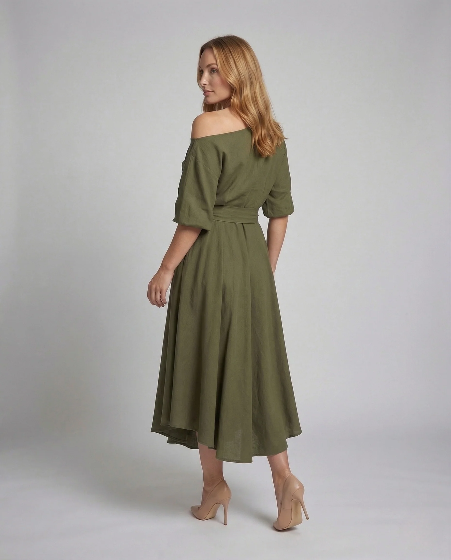 Damen Midikleid Schulterfrei Gürtel - Image 4