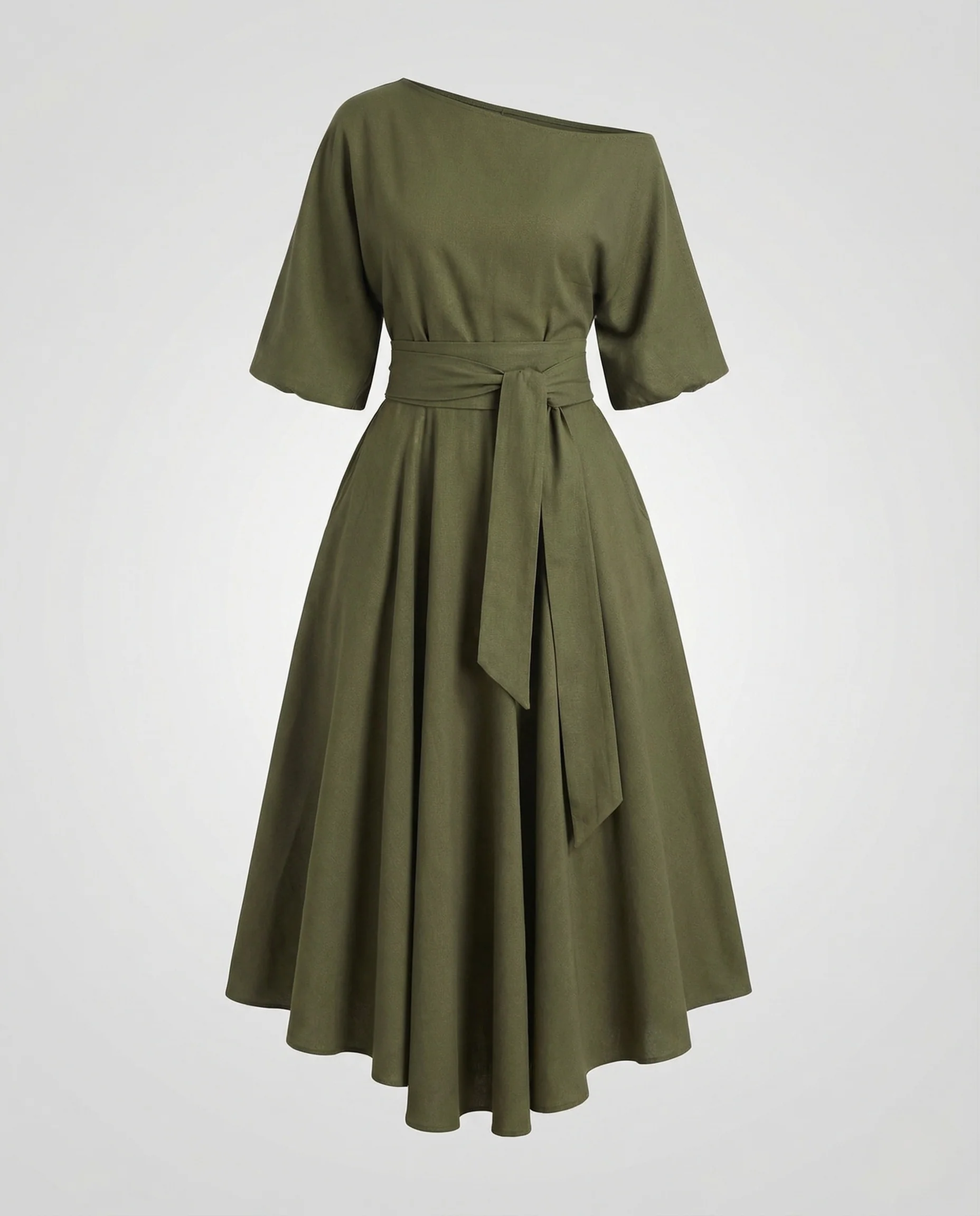 Damen Midikleid Schulterfrei Gürtel - Image 5