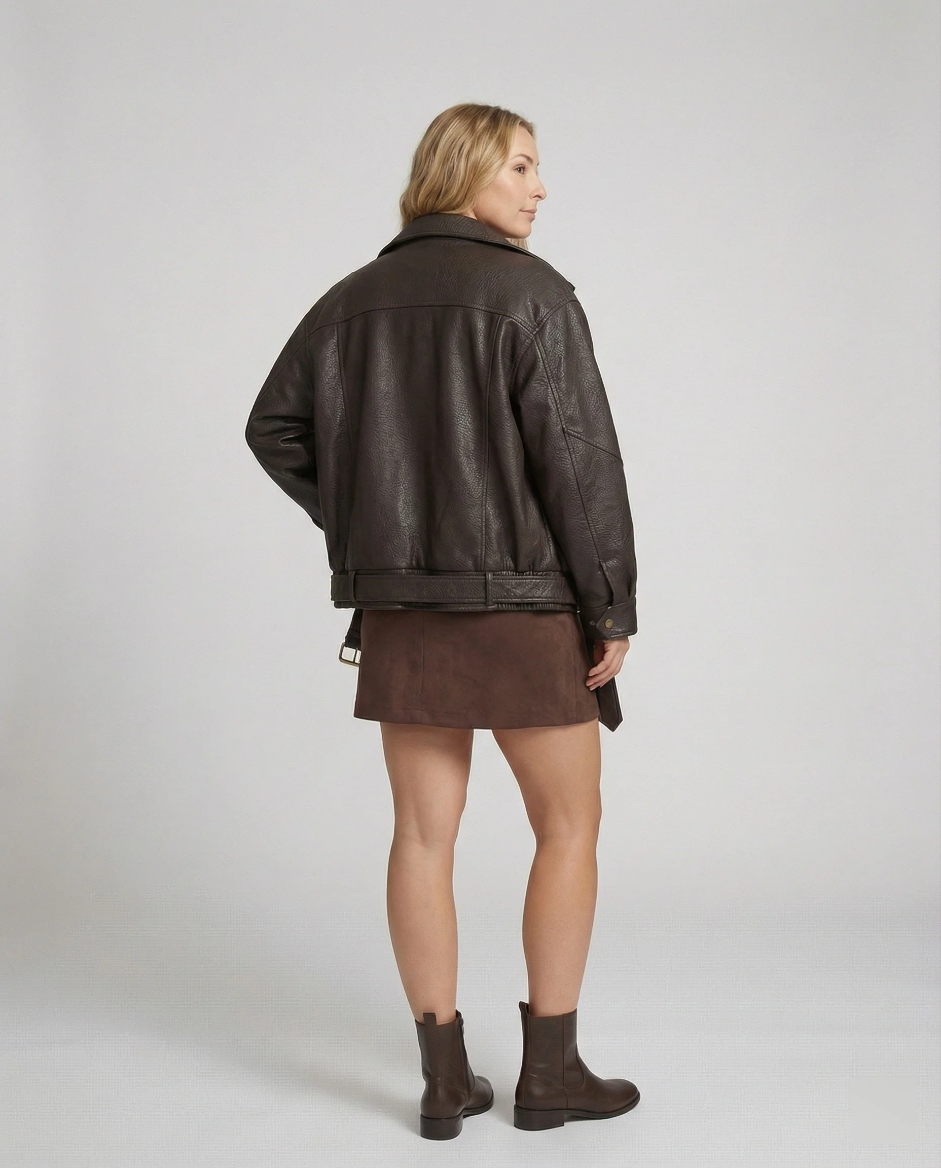 Oversize-Bikerjacke aus strukturiertem Kunstleder mit asymmetrischem Reißverschluss und Taillengürtel Heidi-Mode - Image 2