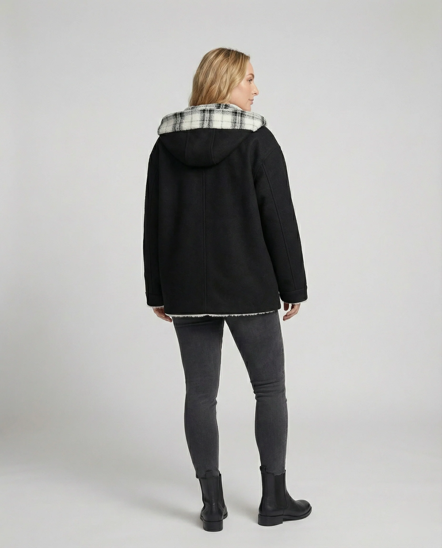 Oversize-Kapuzenjacke aus Wollmix mit karierter Kapuzeninnenverkleidung und verdeckter Druckknopfleiste Heidi-Mode - Image 3