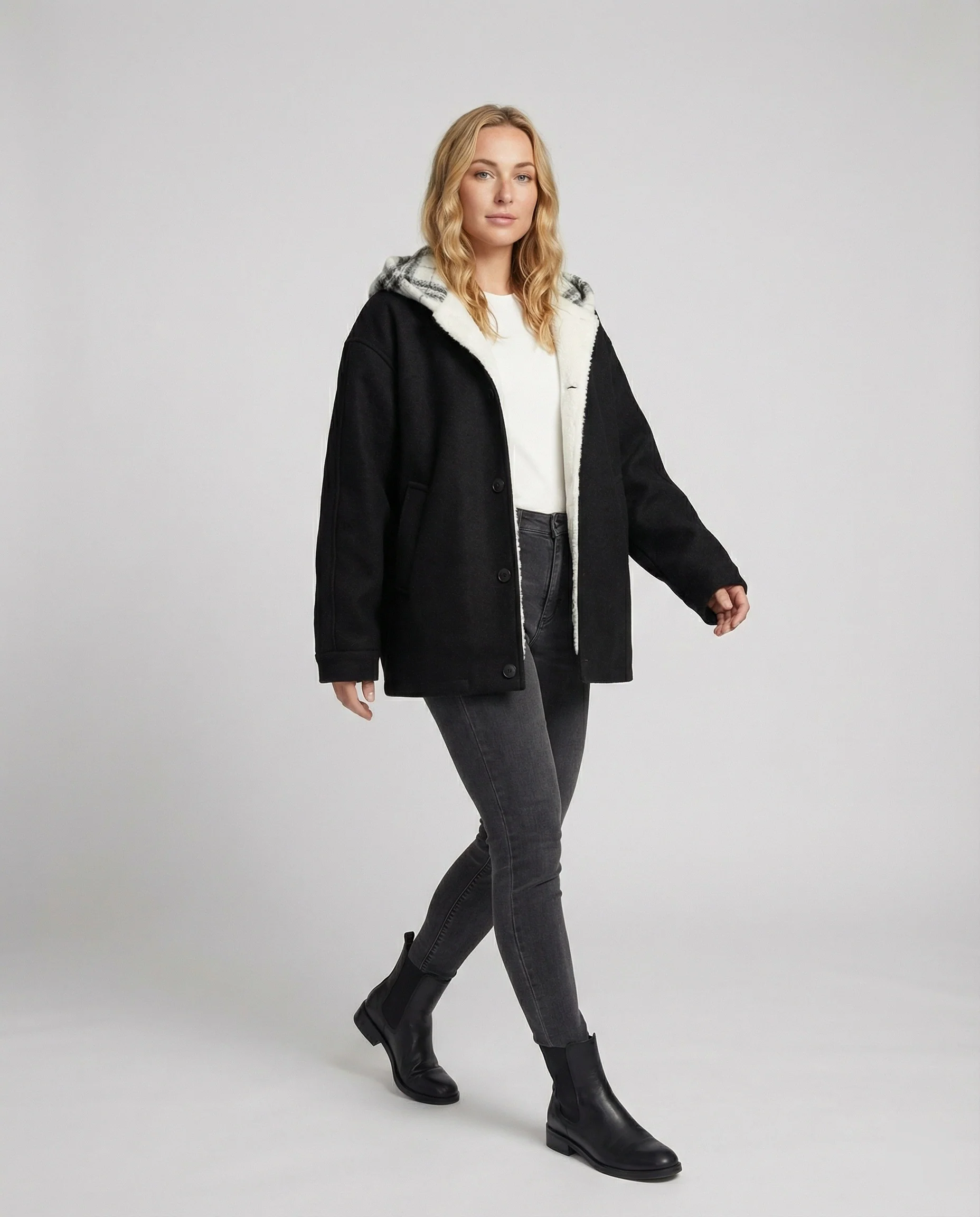Oversize-Kapuzenjacke aus Wollmix mit karierter Kapuzeninnenverkleidung und verdeckter Druckknopfleiste Heidi-Mode - Image 5