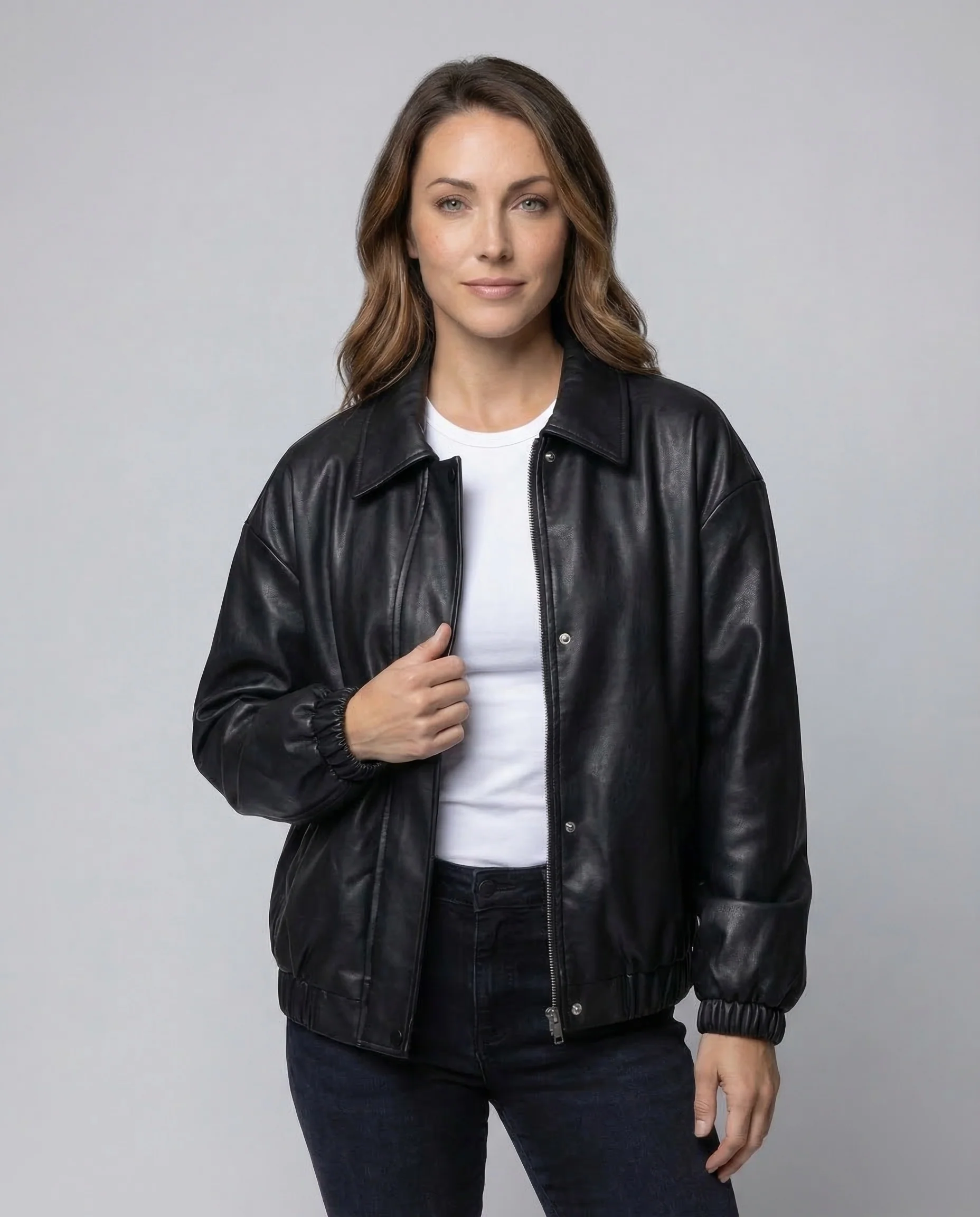 Damen Kunstleder Bomberjacke Oversize - Image 2