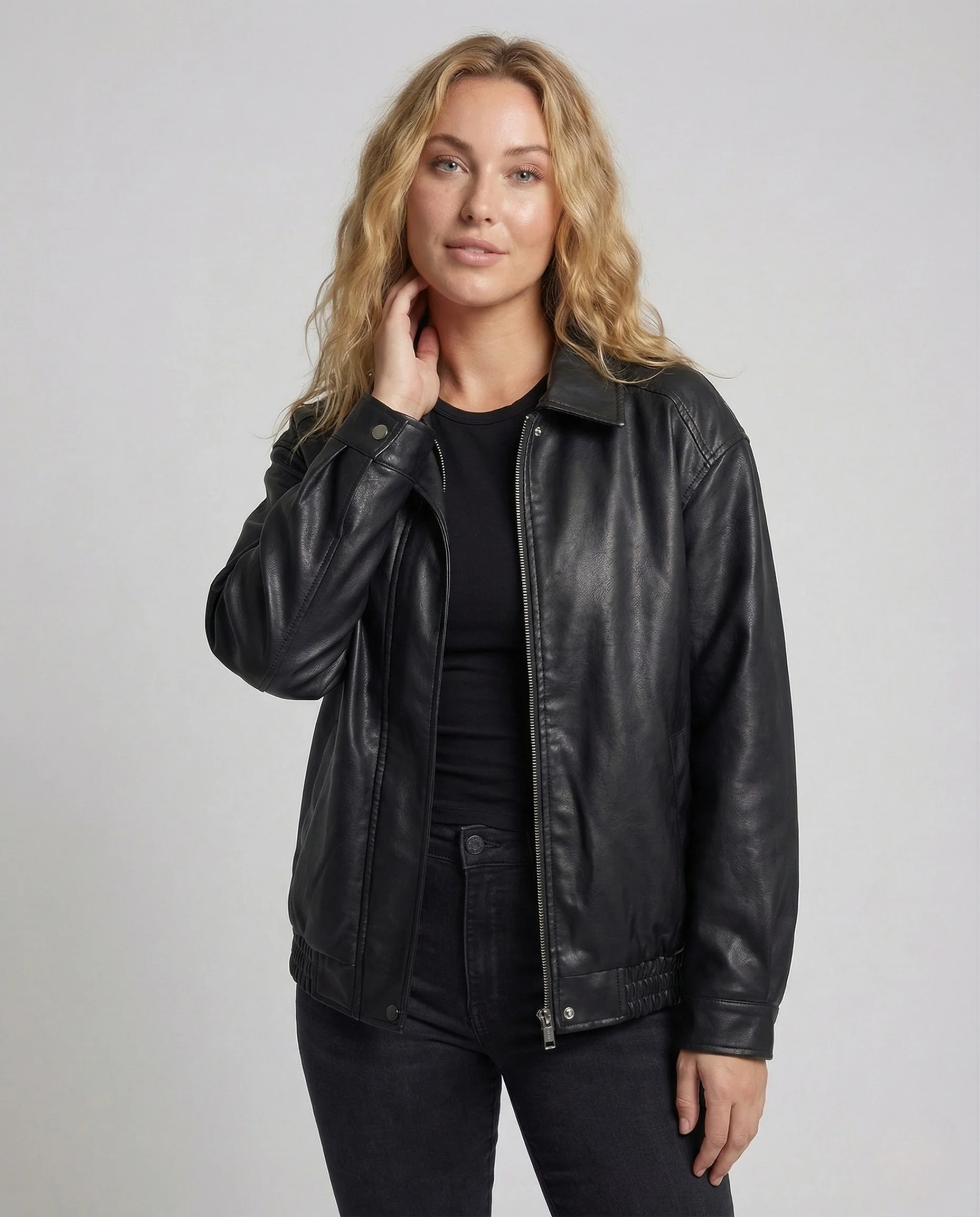 Damen Oversize Kunstleder Blousonjacke mit Hemdkragen und Reißverschluss - Image 2