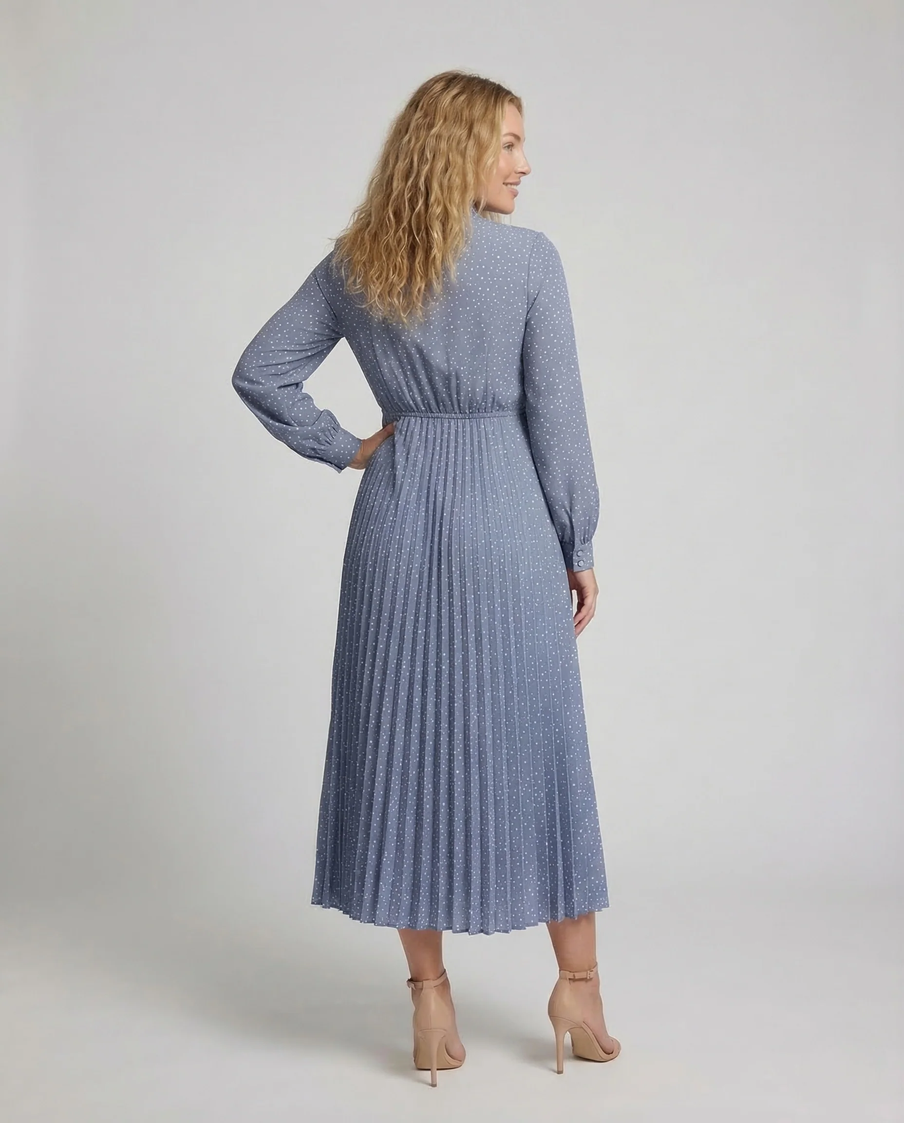 Damen Plissee Maxikleid Schleifenkragen Gürtel - Image 4