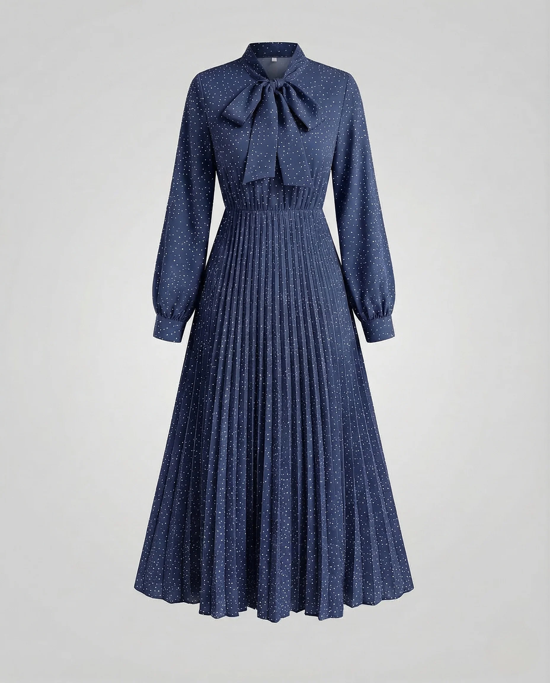 Damen Plissee Maxikleid Schleifenkragen Gürtel - Image 6