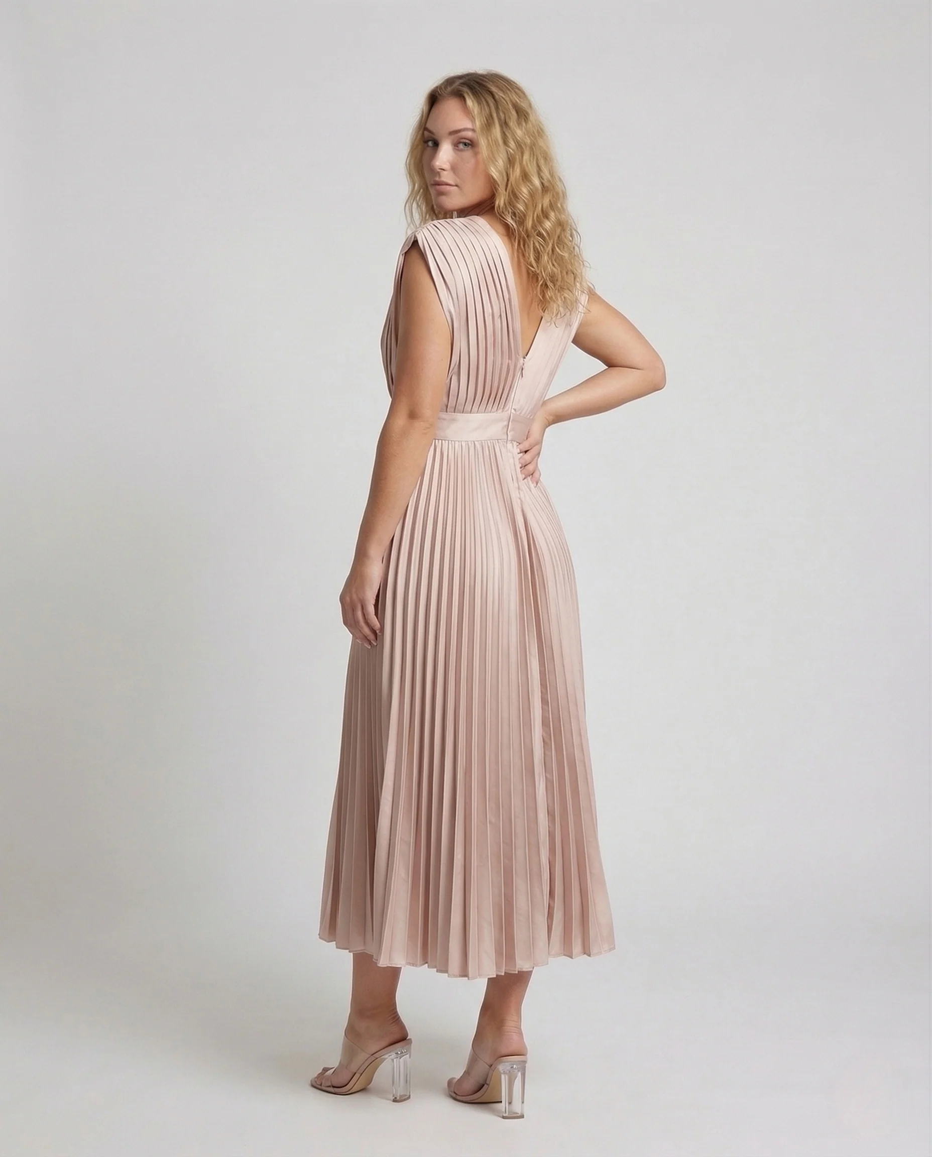 Damen Plissee Midikleid mit V-Ausschnitt - Image 4