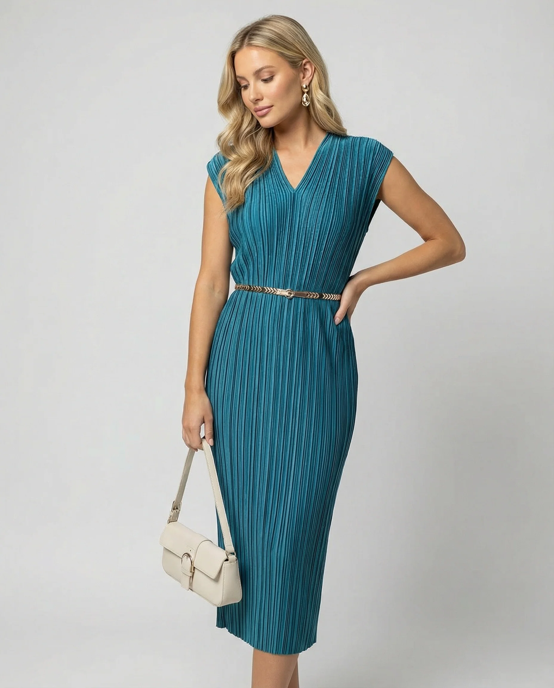 Damen plissiertes Midikleid mit V-Ausschnitt, Cap-Ärmeln und schmalem Taillengürtel Heidi Mode - Image 2