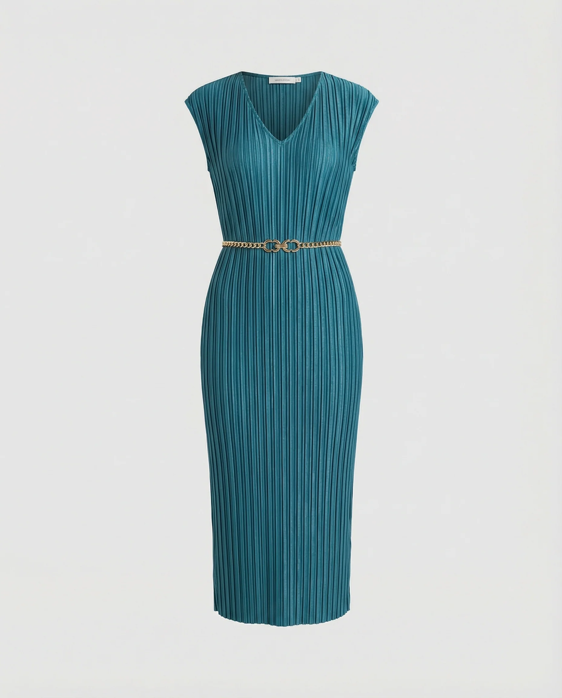 Damen plissiertes Midikleid mit V-Ausschnitt, Cap-Ärmeln und schmalem Taillengürtel Heidi Mode - Image 5