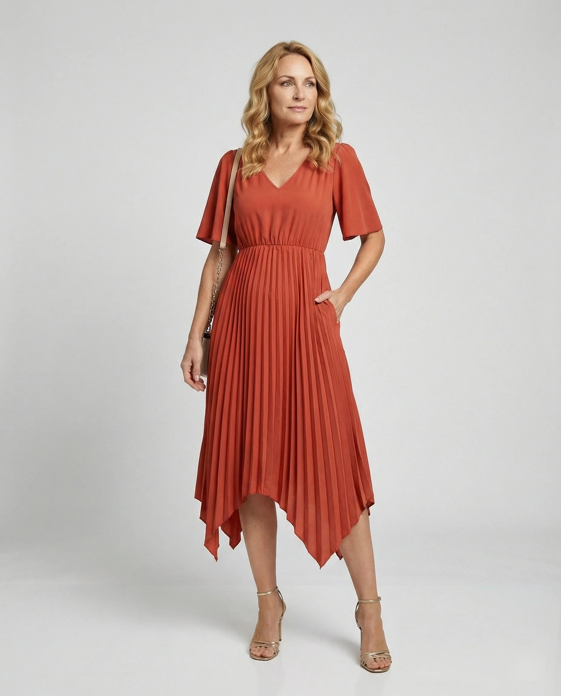 Damen Midikleid Plissee mit V Ausschnitt