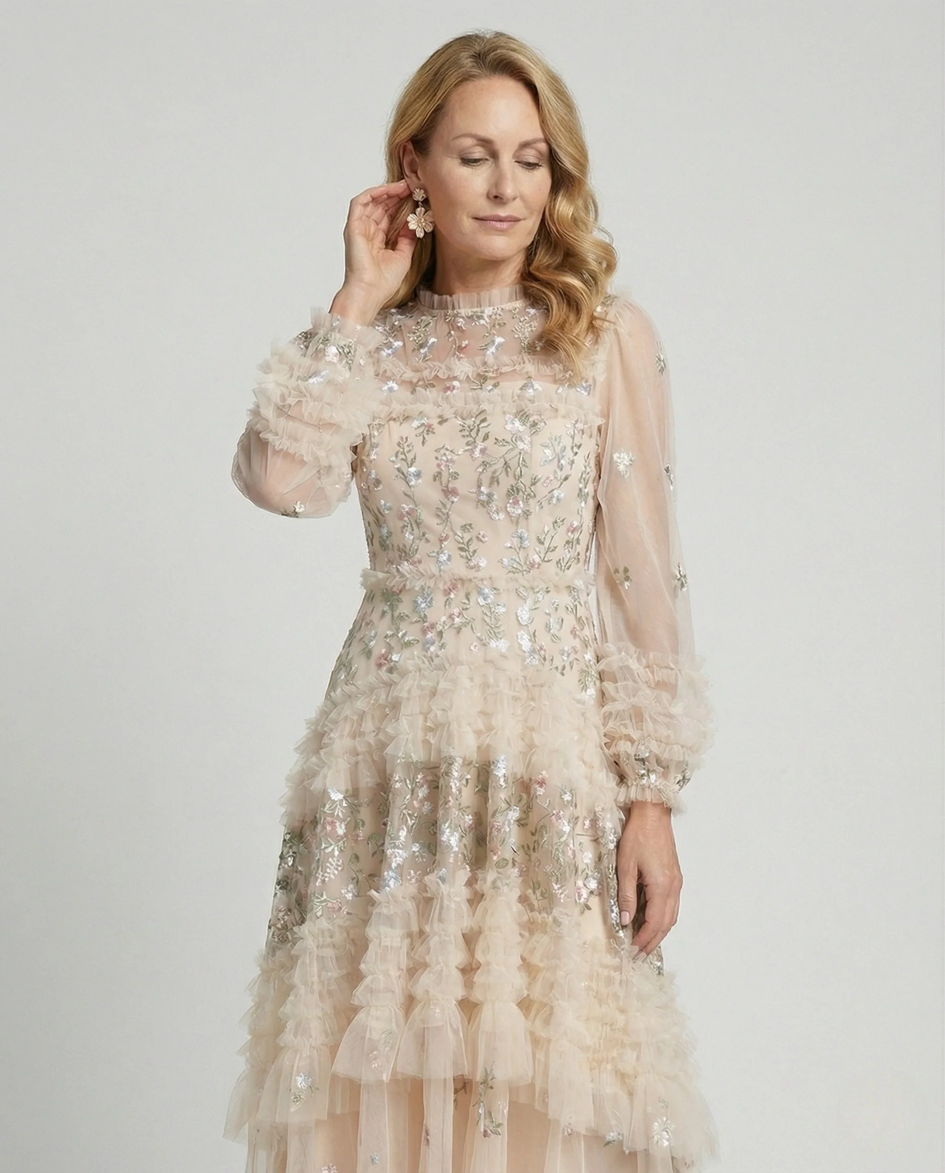 Damen Besticktes Tüll-Maxikleid mit Volants - Image 2