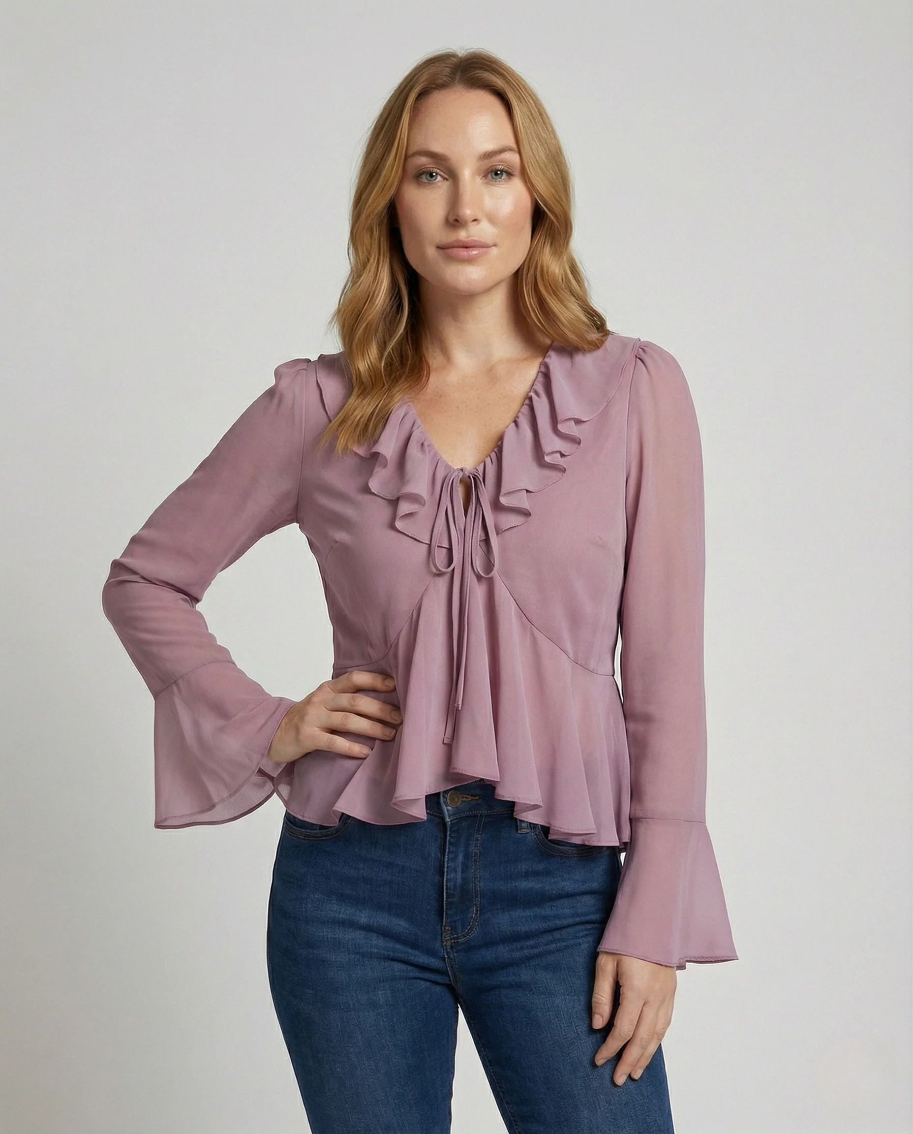 Damen Rüschen Chiffonbluse mit Bindekragen - Image 2