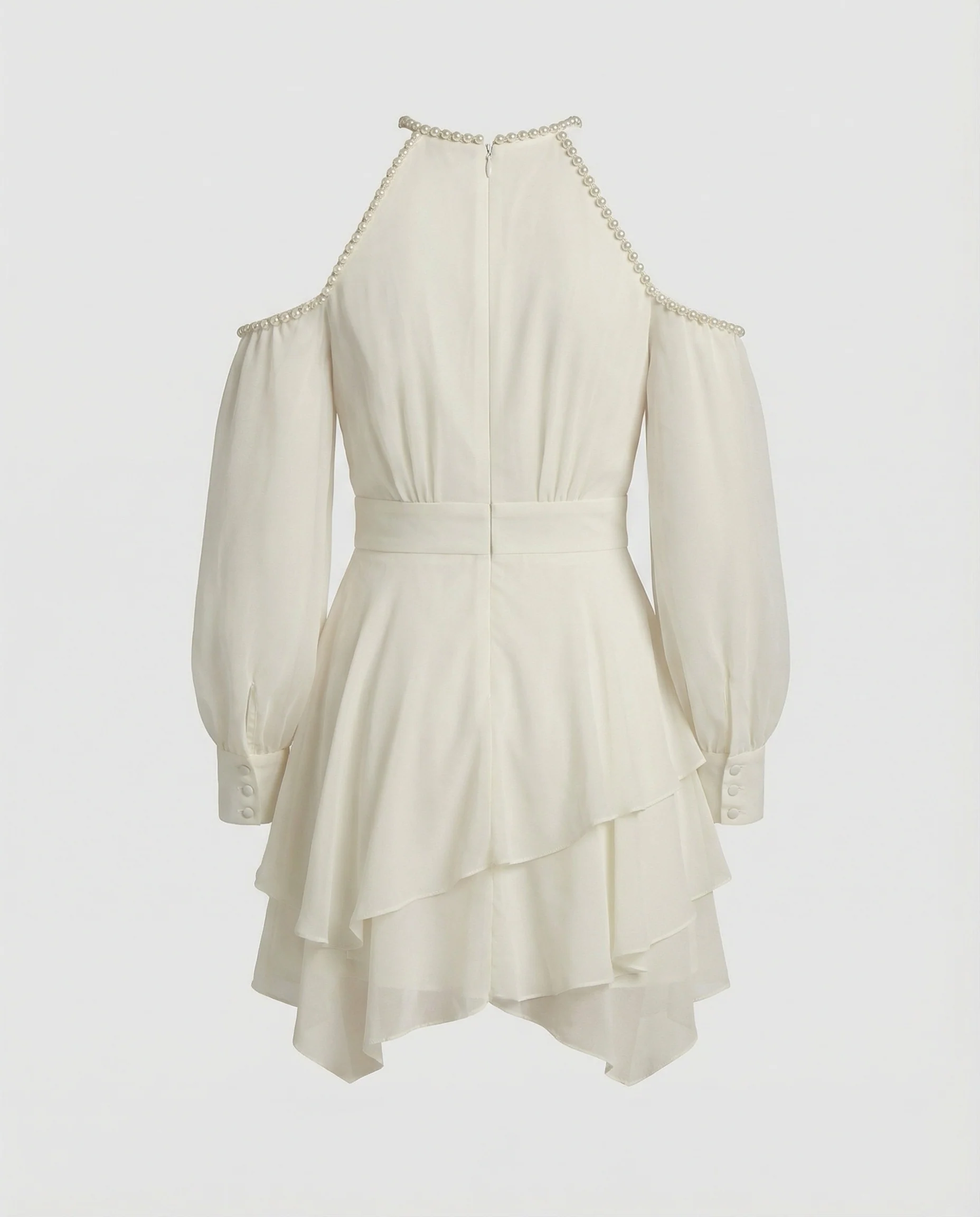 Schulterfreies Chiffon-Minikleid mit Halterhalsausschnitt, Ballonärmeln und gestuftem Volantrock Heidi Mode - Image 3
