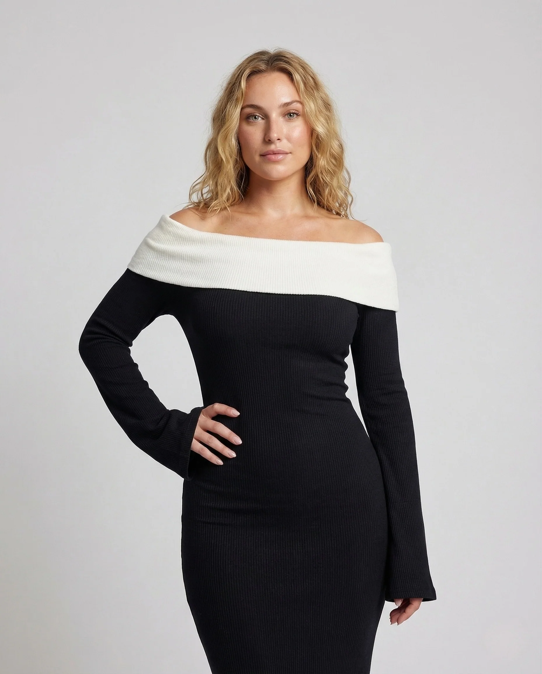 Damen Maxikleid Schulterfrei Glockenärmel - Image 2
