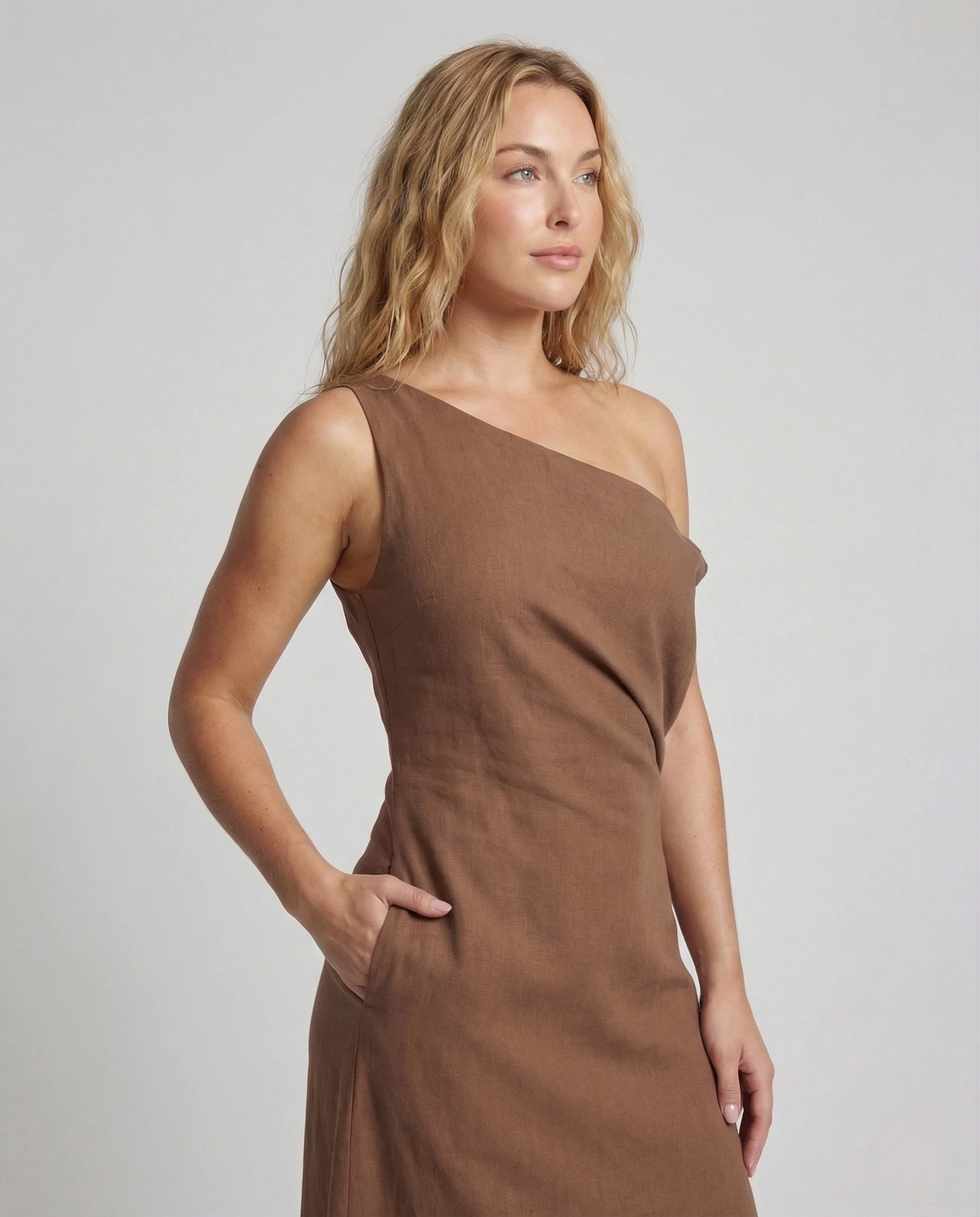 Damen Schulterfreies Leinenoptik Maxikleid - Image 2