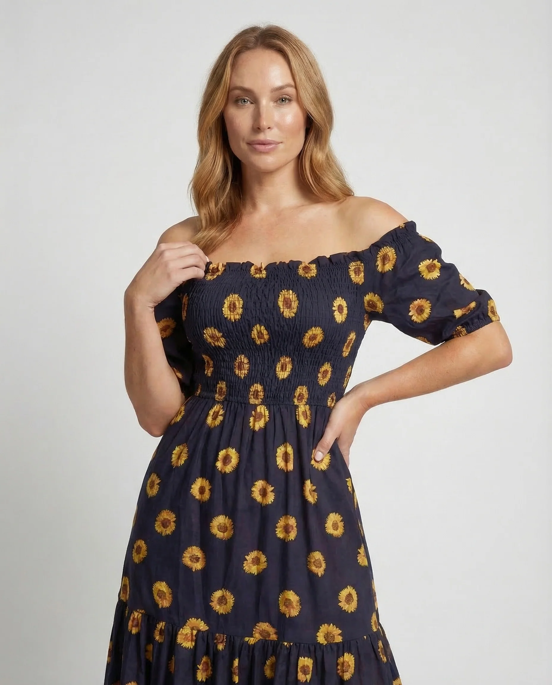 Damen Maxikleid Schulterfrei Smokoberteil - Image 2