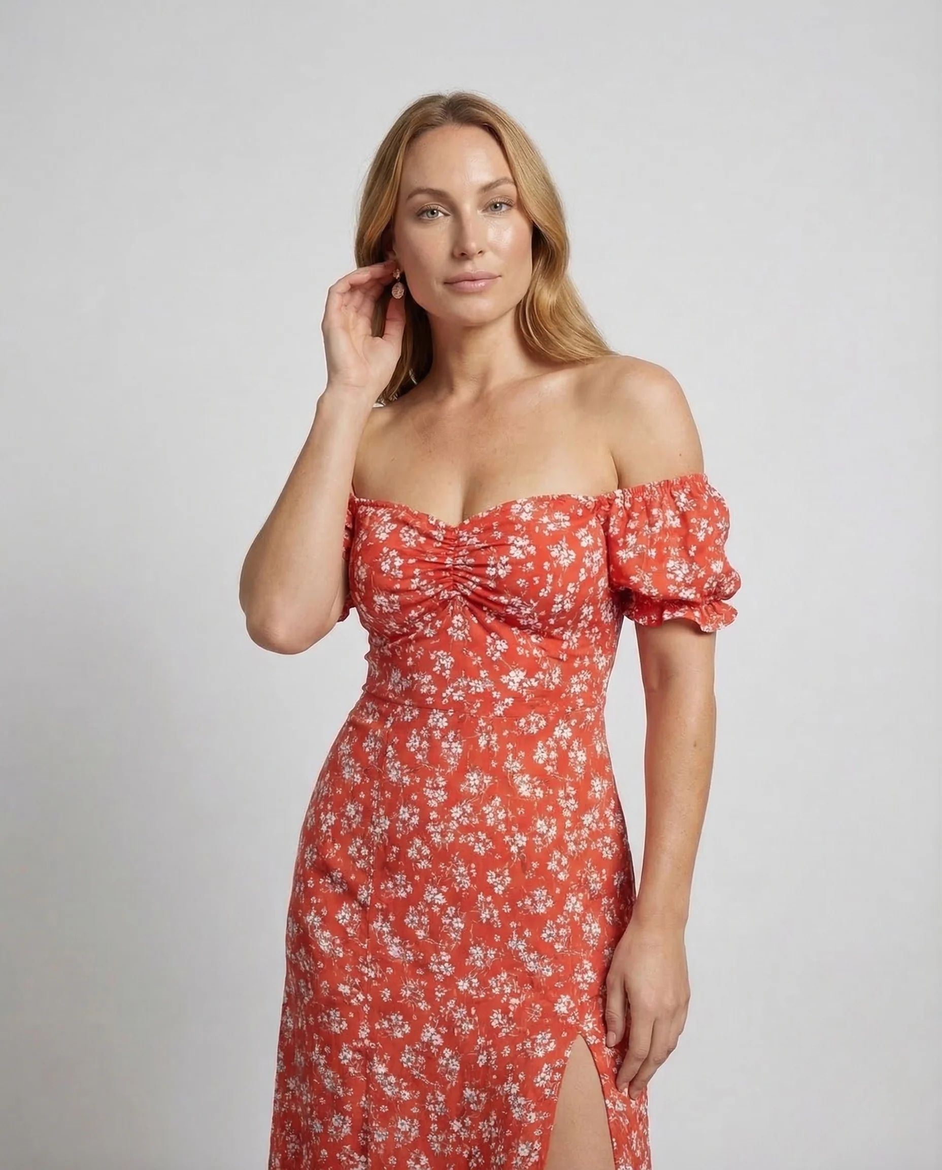 Damen Midikleid Schulterfrei Puffärmel Schlitz - Image 2