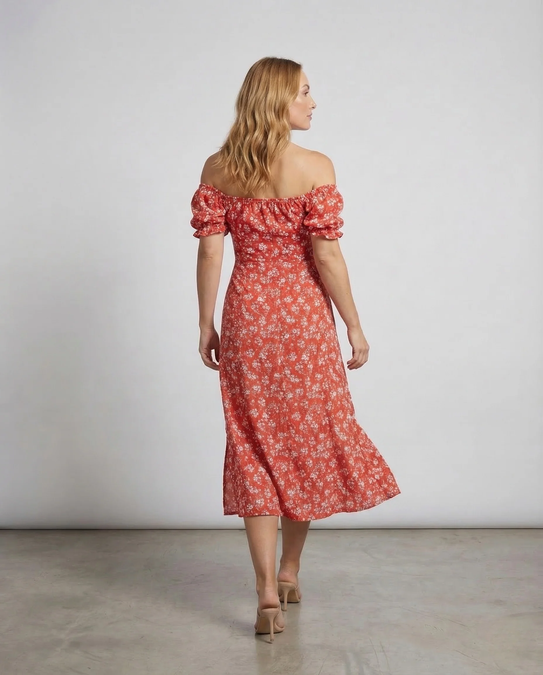 Damen Midikleid Schulterfrei Puffärmel Schlitz - Image 4