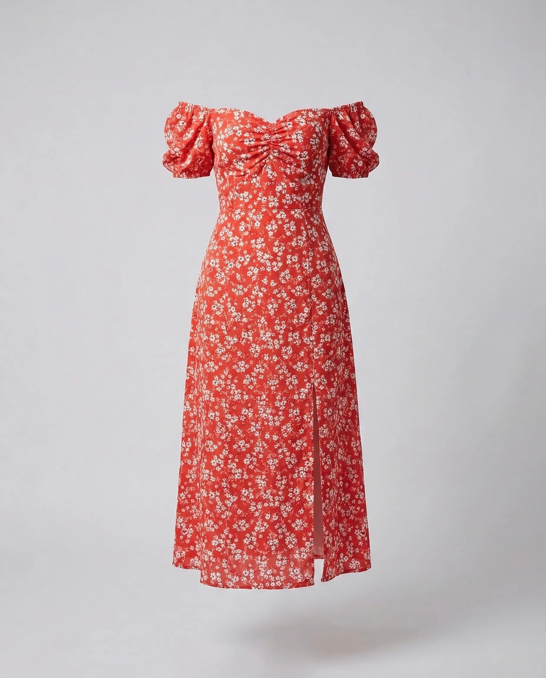 Damen Midikleid Schulterfrei Puffärmel Schlitz - Image 5