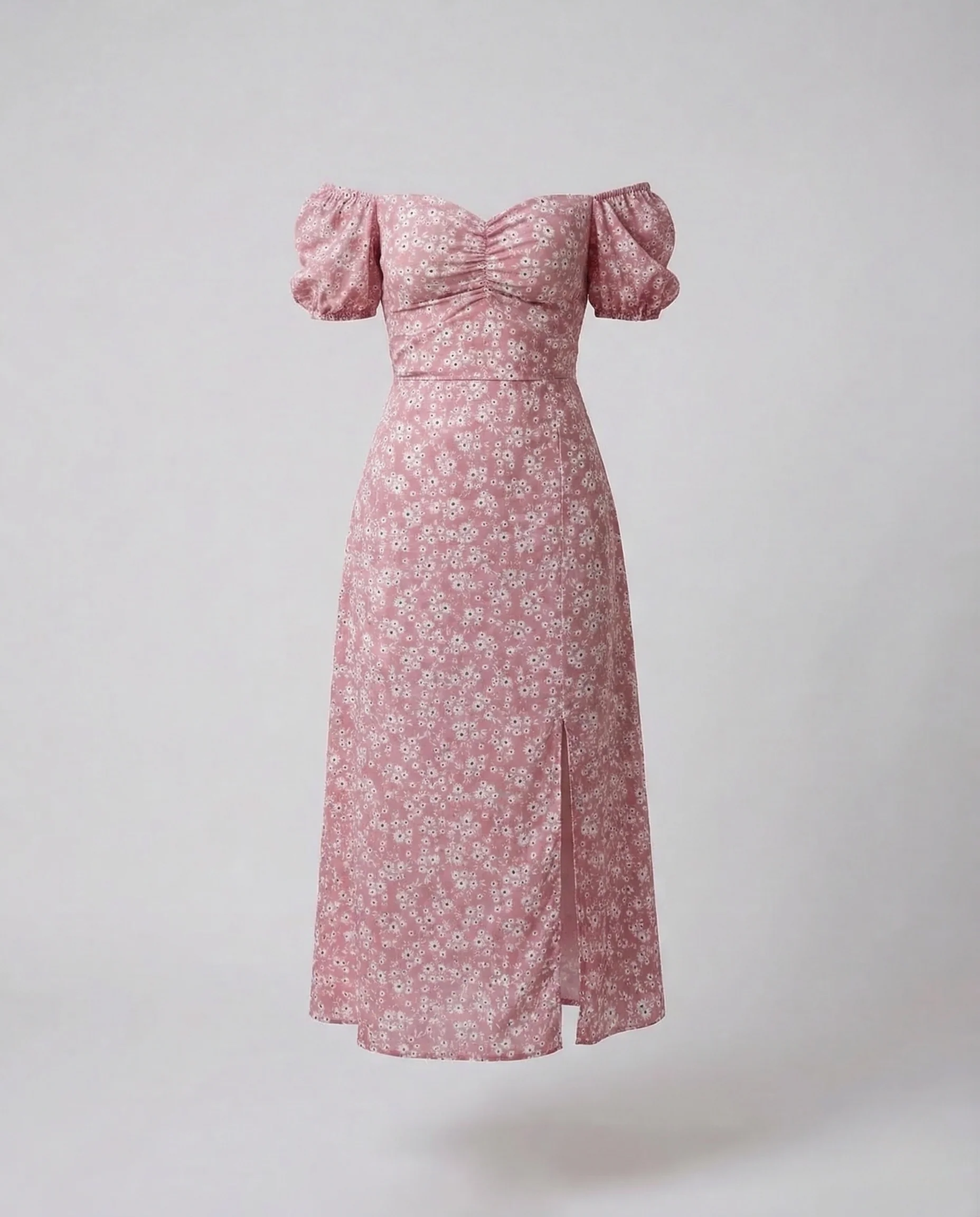Damen Midikleid Schulterfrei Puffärmel Schlitz - Image 8