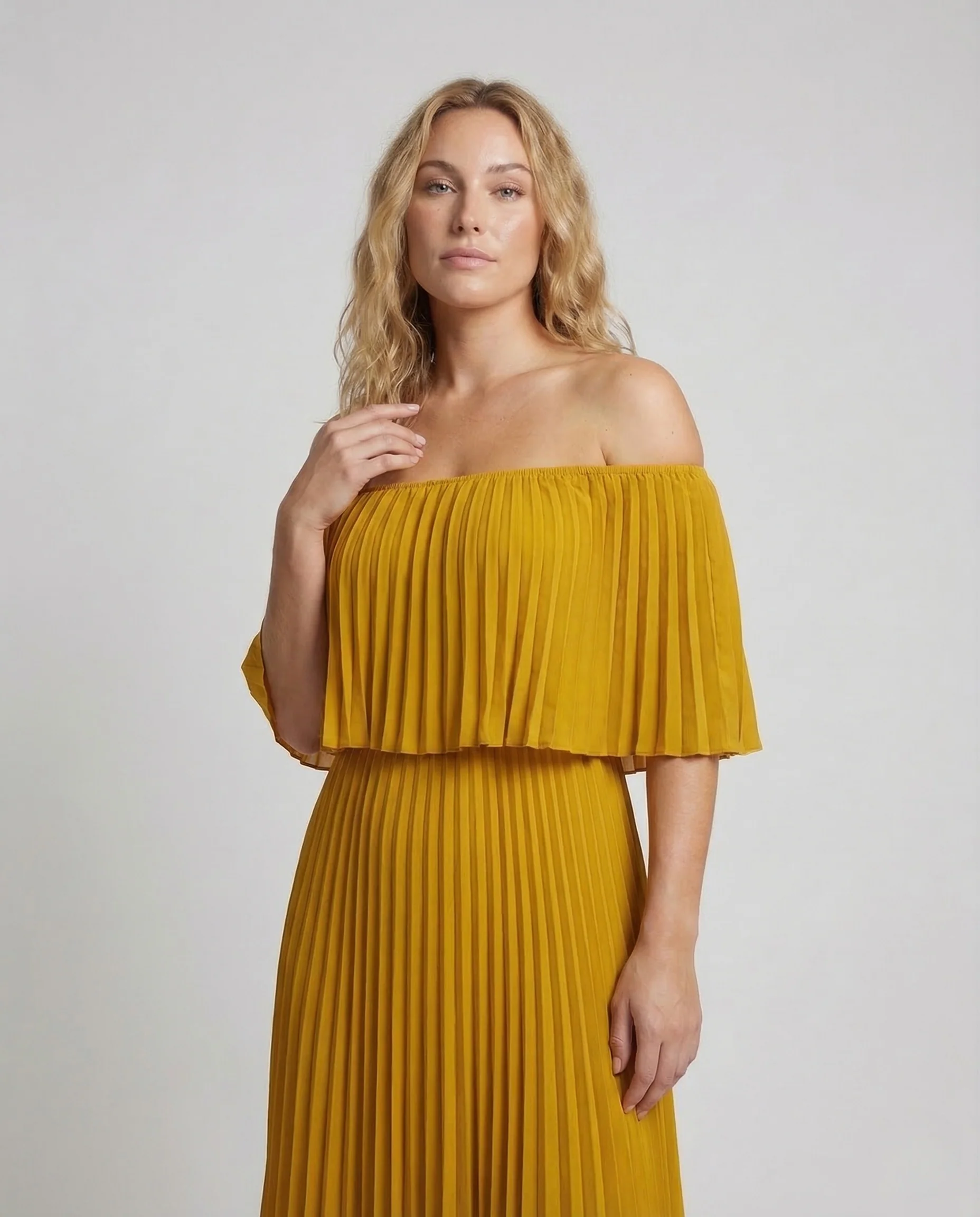 Damen Plissee Maxikleid Schulterfrei Volant - Image 2