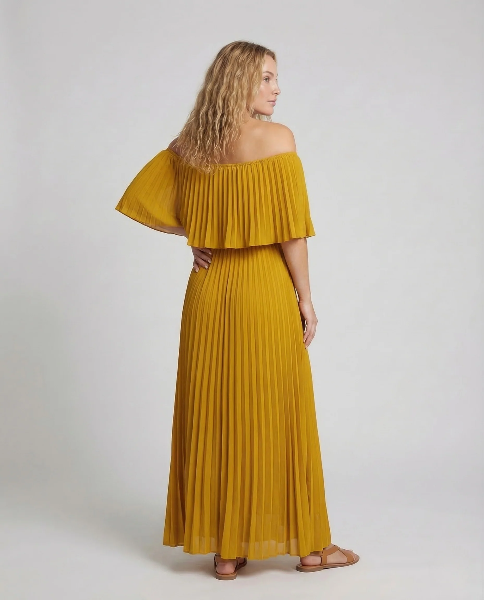 Damen Plissee Maxikleid Schulterfrei Volant - Image 4